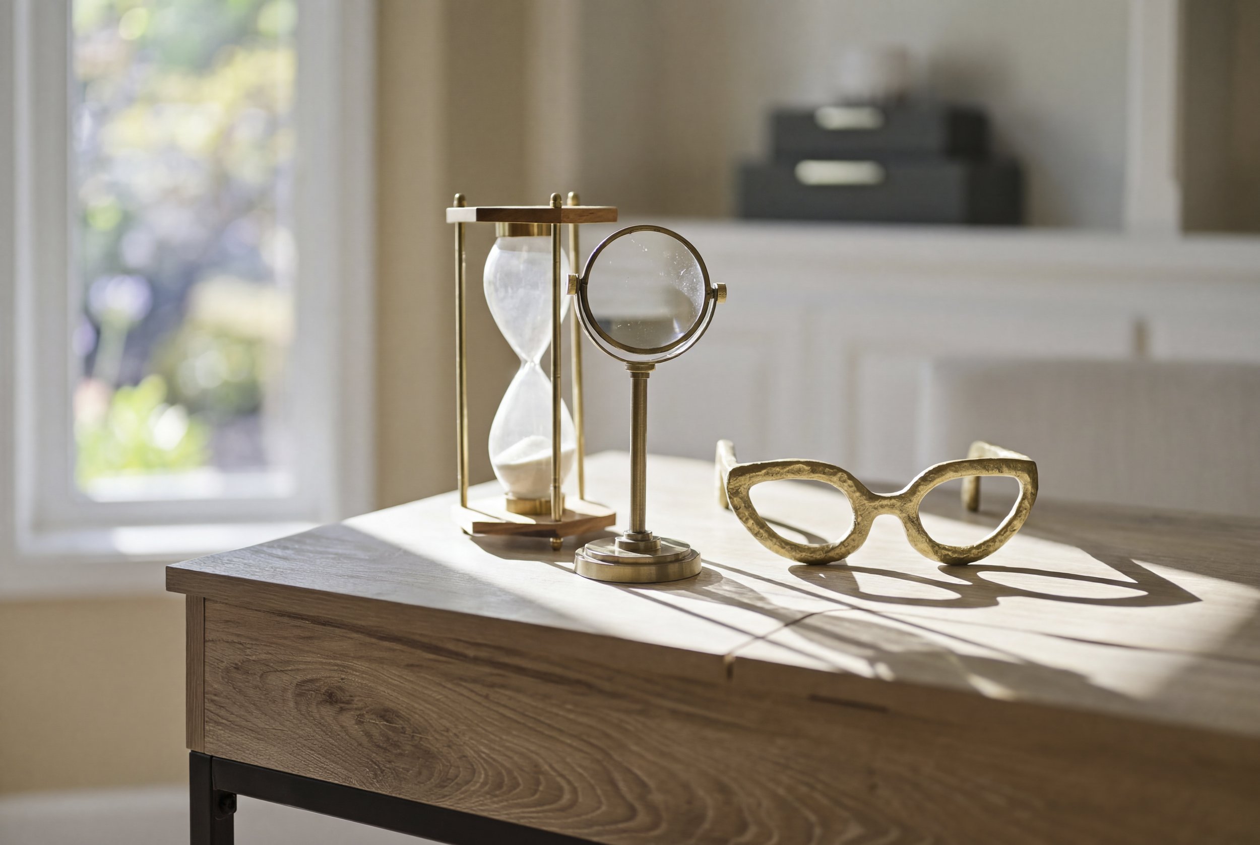 Decorative items on a wooden table near a window, including an hourglass, a magnifying glass, and a pair of glasses.