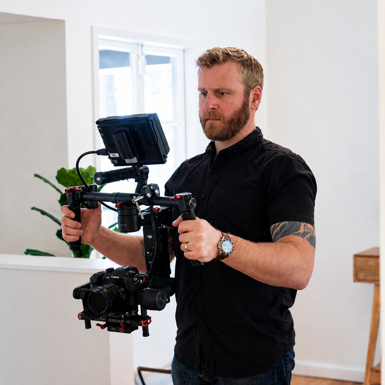 Man with a beard, wearing a black shirt and watch, operating a professional camera stabilizer with a camera mounted, indoors with a window and plant in the background.