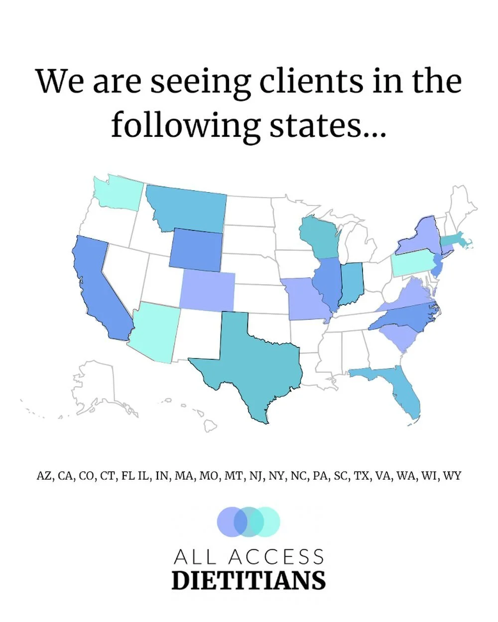 Our registered dietitians are currently seeing clients across multiple states through virtual, insurance-based nutrition care... making it easier for people to access evidence-based support without long waitlists or travel.

Whether someone needs sup
