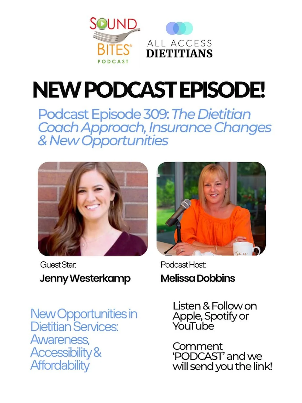 🎙️Our very own Jenny Westerkamp joined the Sound Bites Podcast to talk all things:
✨ The Dietitian Coach Approach
✨ Insurance changes (what&rsquo;s actually happening)
✨ New opportunities for dietitians
✨ Making nutrition care more accessible + affo