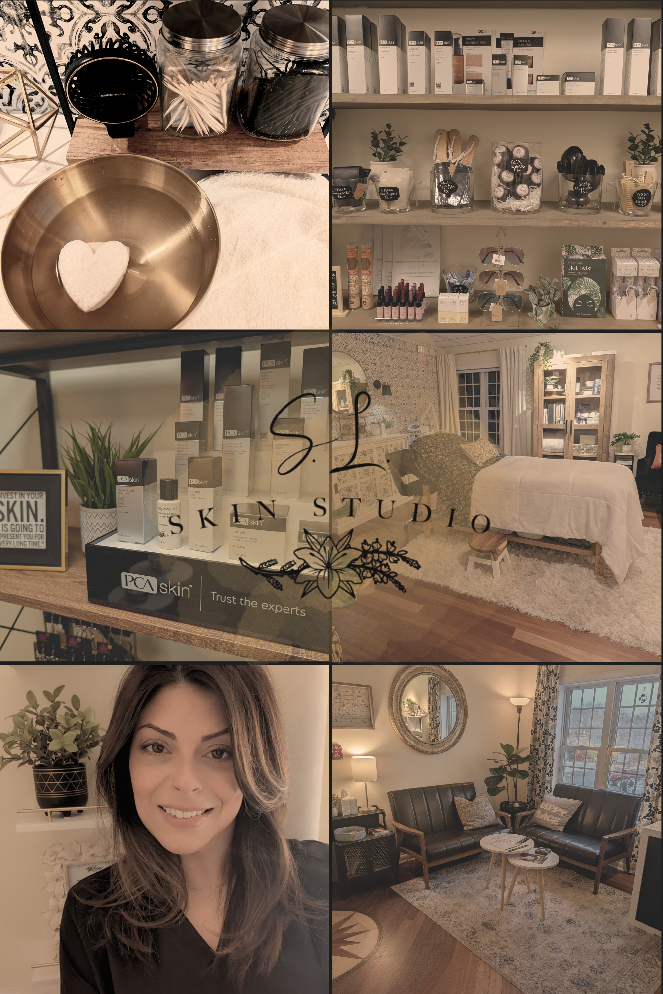 A collage of six photos: the top left shows a bathroom countertop with jars of cotton swabs and black stuff, a heart-shaped bar of soap in a brass bowl, and a towel; the top right depicts a retail shelves with skincare and beauty product boxes, plants, and sunglasses; the middle left features skincare products on a table with the logo 'S.L. Skin Studio' overlay; the middle right shows a cozy room with a massage table, bookshelves, and plants; the bottom left captures a smiling woman with shoulder-length brown hair, wearing a black top; the bottom right displays a living room with black leather sofas, a coffee table, a window, and framed artwork.