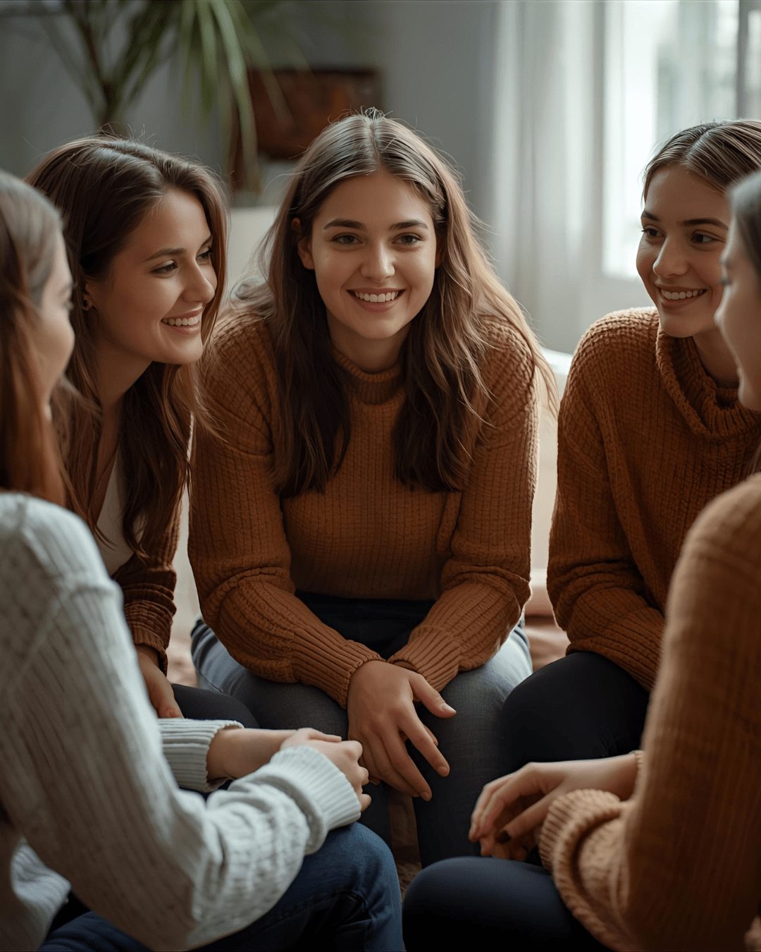 Group of five young women sitting together indoors, engaging in a lively conversation. They are smiling and appear to be enjoying each other's company.