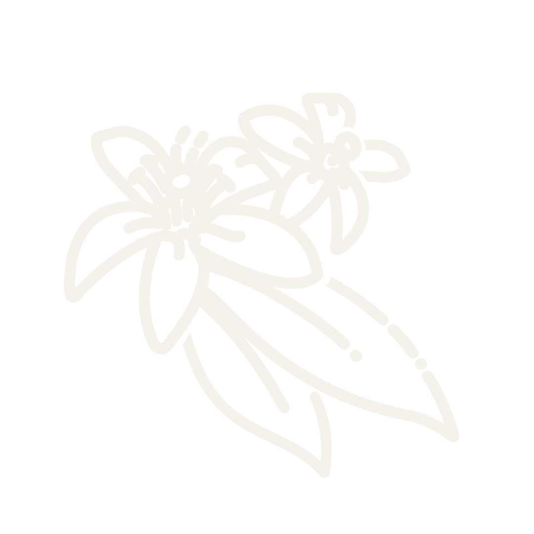 Outline drawing of a floral branch with leaves and flowers on a black background.