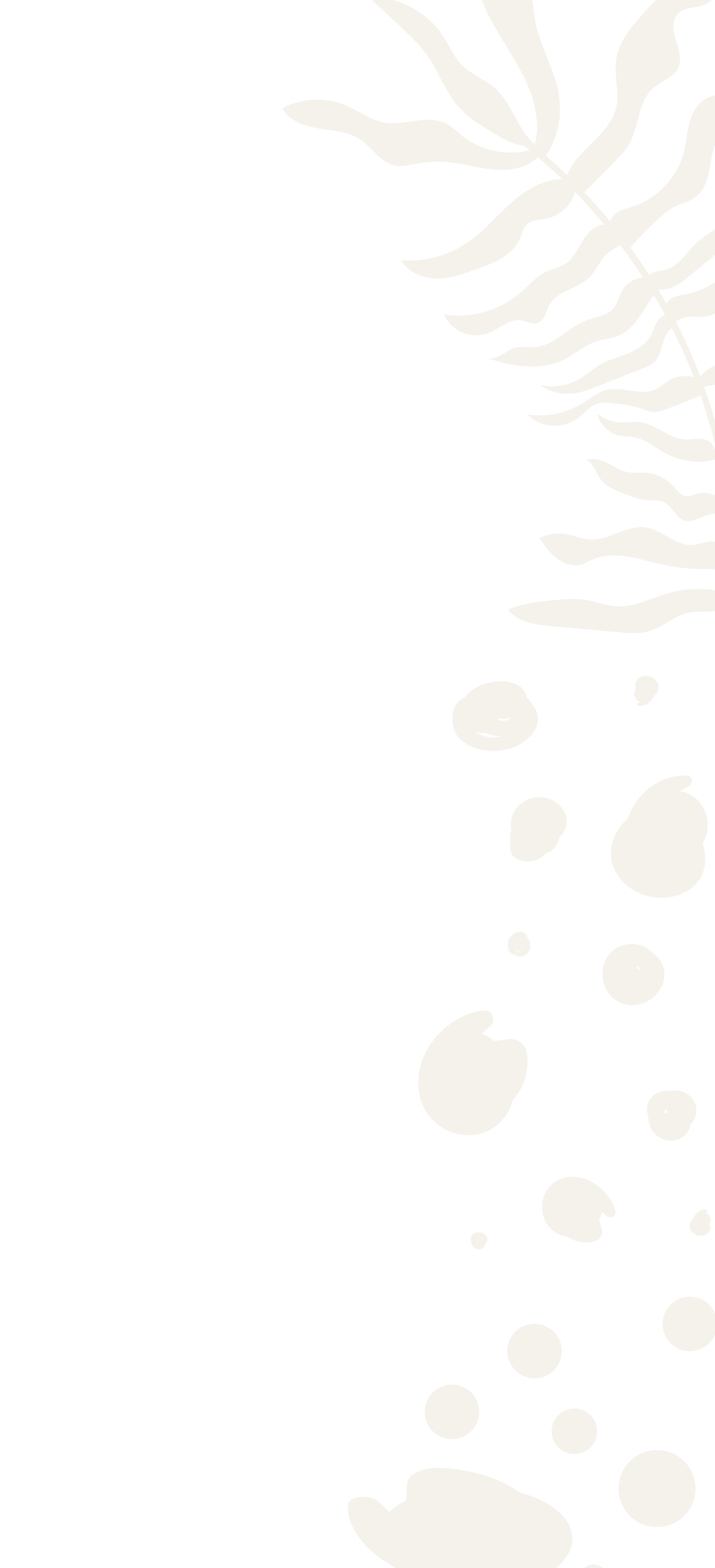 Black background with white abstract shapes resembling a fern leaf at the top right and various irregular bubbles scattered vertically downward.
