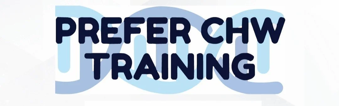 The PREFER CHW Training Program logo which features the text "PREFER CHW TRAINING" in black all capitalized text in front of a light blue and dark blue genetic sequence.