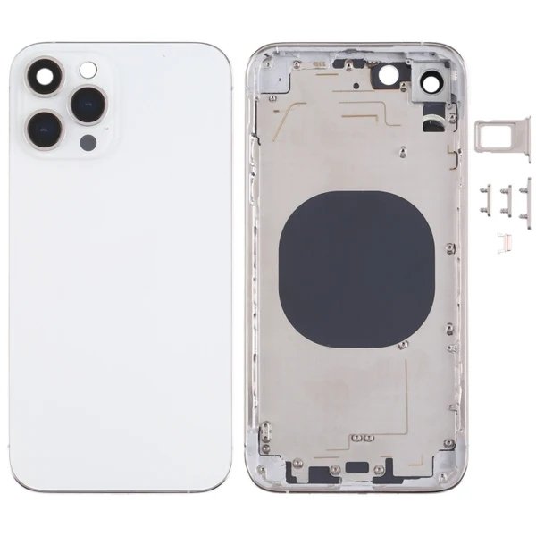 A disassembled white smartphone, showing the back panel with camera lenses and internal components, along with the detached back cover and SIM card tray.