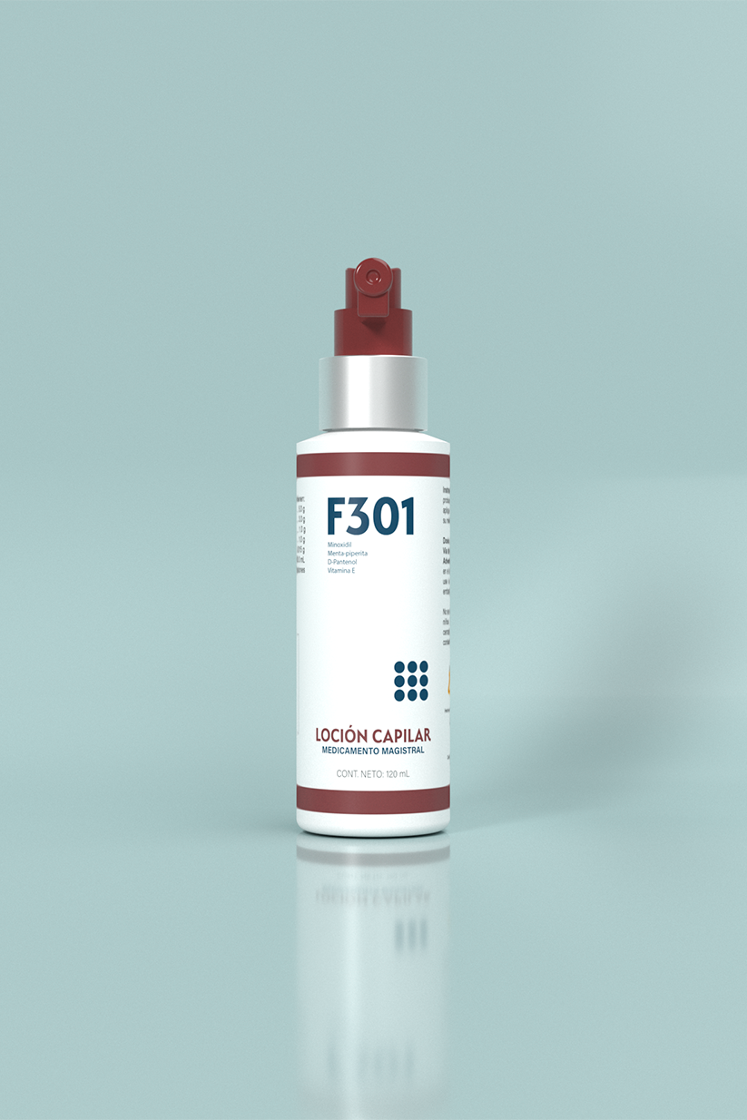F301 – Loción magistral con Minoxidil 5% + Menta Piperita + D-Pantenol + Vitamina E