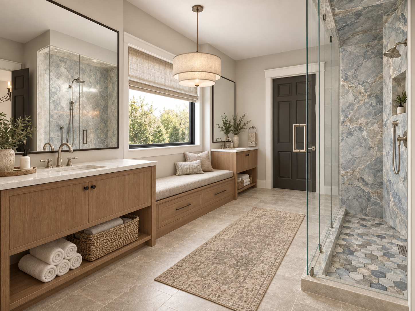 A spacious, modern bathroom featuring a large mirror above a wooden vanity with a marble countertop, a window with a roman shade, a built-in wooden seating area with cushions, a walk-in shower with glass doors, tiled flooring, and potted plants for decor.
