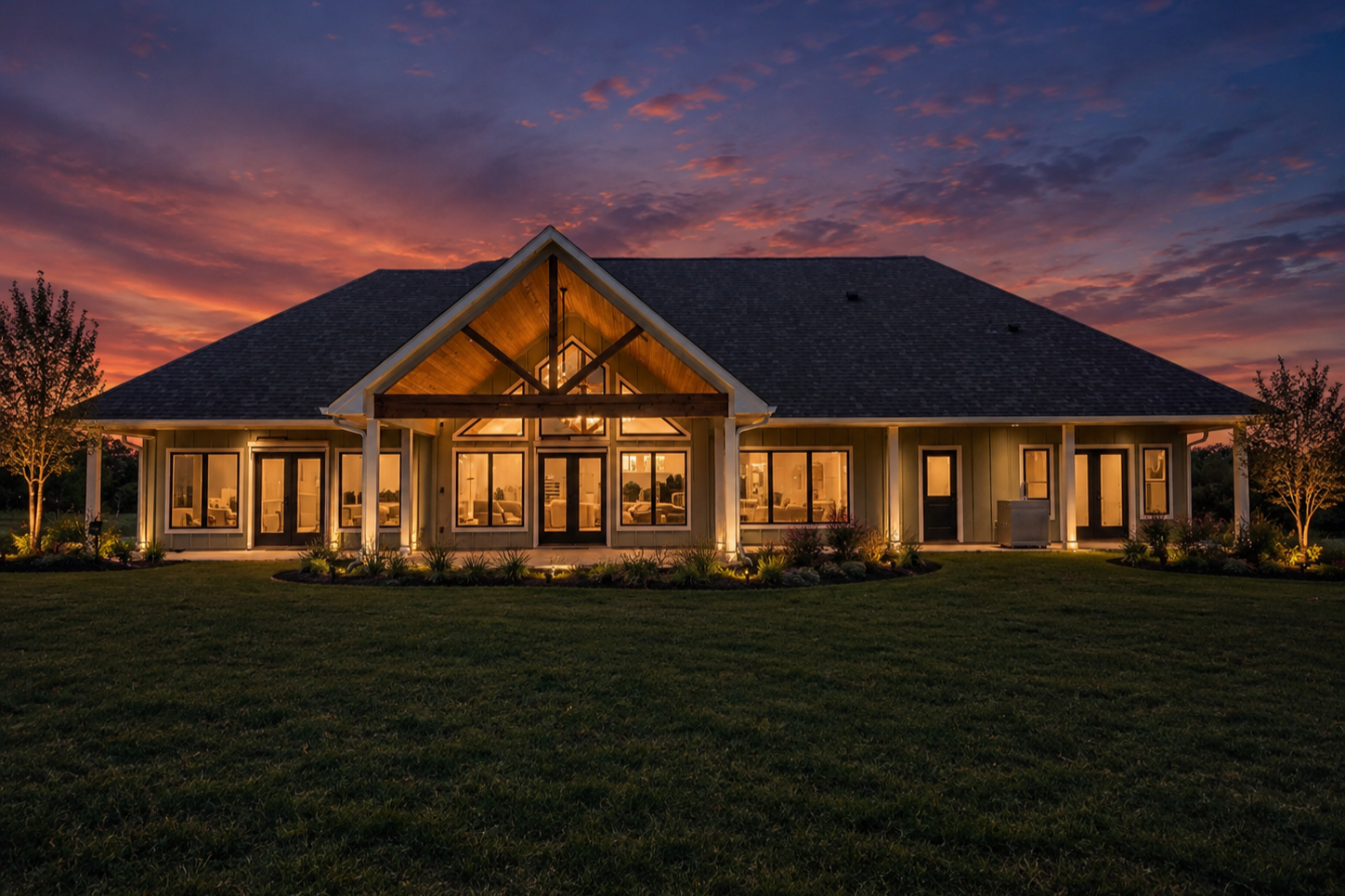 A modern house at sunset with large windows glowing warm light, a front garden with grass and small trees, and a partly cloudy sky with orange and purple hues.