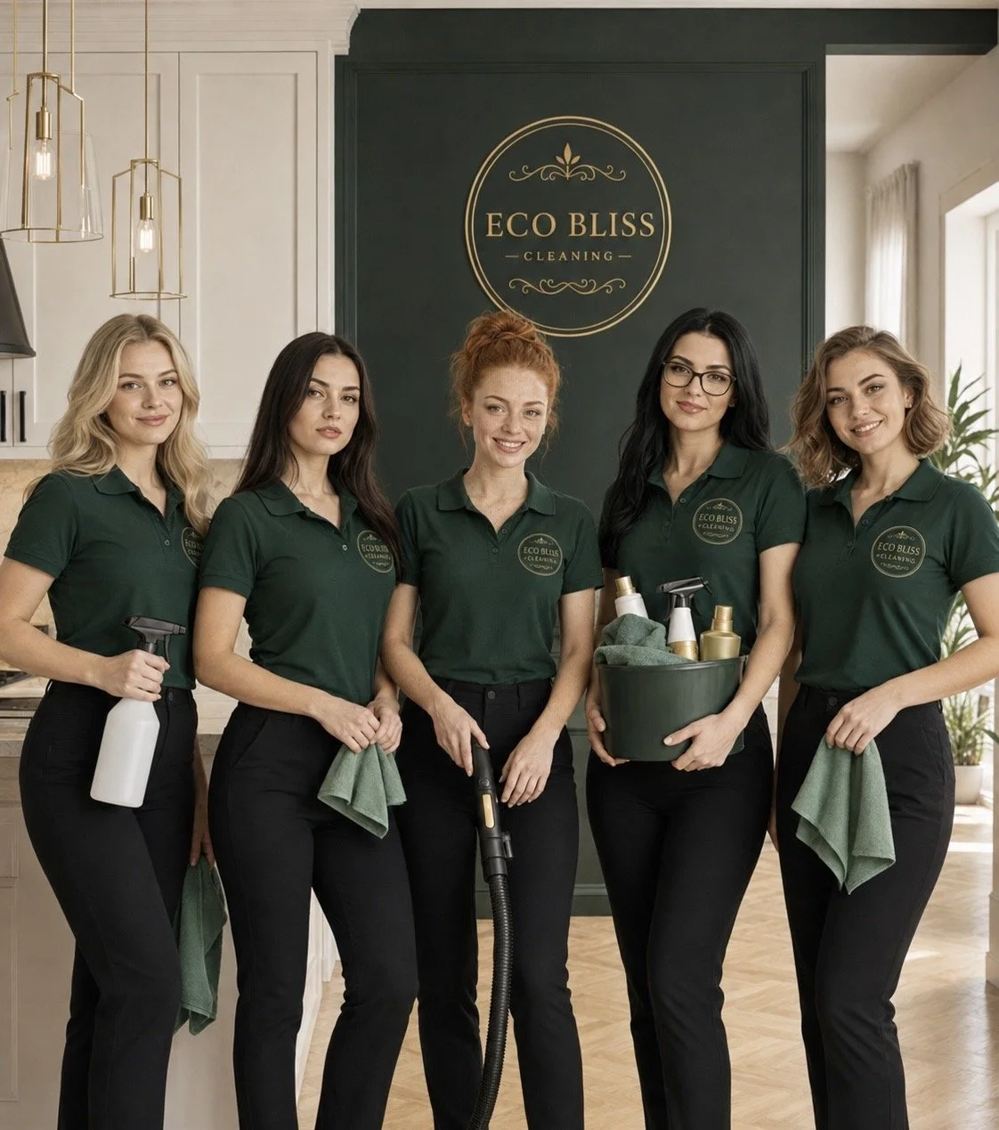 Five women standing in a cleaning service called Eco Bliss, holding cleaning supplies and towels, wearing matching green polo shirts and black pants, inside a modern kitchen with a large green wall and a sign that reads 'Eco Bliss Cleaning.'
