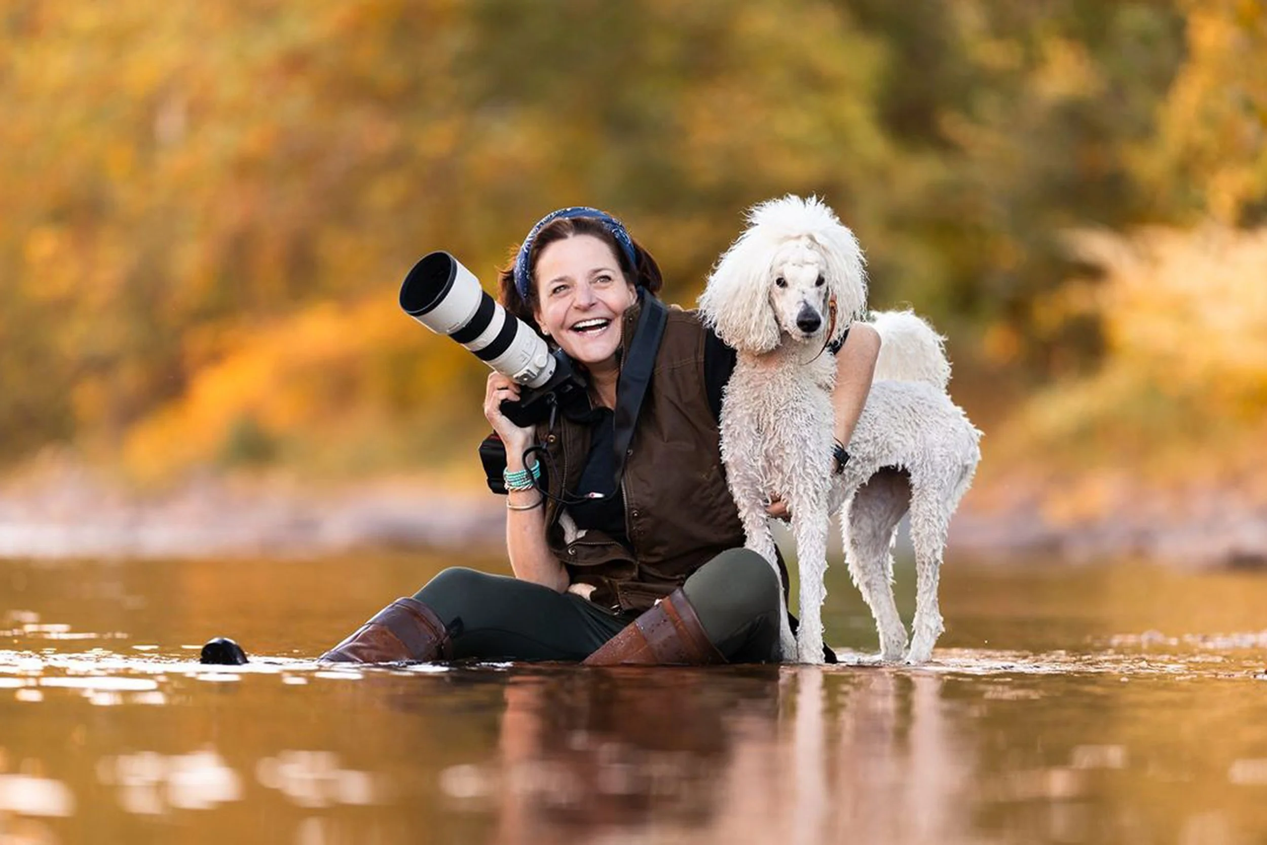 A woman smiling with a large camera on her shoulder, sitting in a shallow river with a white poodle standing on her lap, surrounded by fall-colored trees.
