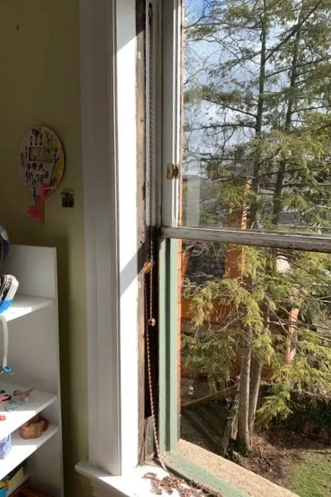 After opening it up, we could restore function, and re-seal everything.   Weights and sashes were re-balanced, restrung, and reinstalled.  Weather stripping was adjusted or replaced. Frame channels and sash edges were waxed.  flaking or failed paint 