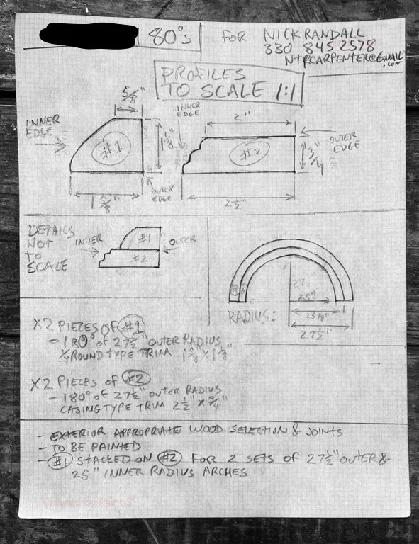 Finding new half circle moulding for the pediments became a challenge.  After quite a search, the owner found flexible vinyl moldings that were installed at the very end of the project.