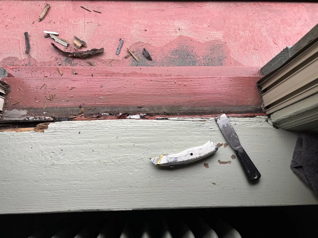Thanks to exposure to water from a failed weather seal, this window sill was deteriorating in a very unusual way.  The exterior sill was re-set to restore appropriate drainage, and the weather seal was replaced.  With a combination of new wooden repl