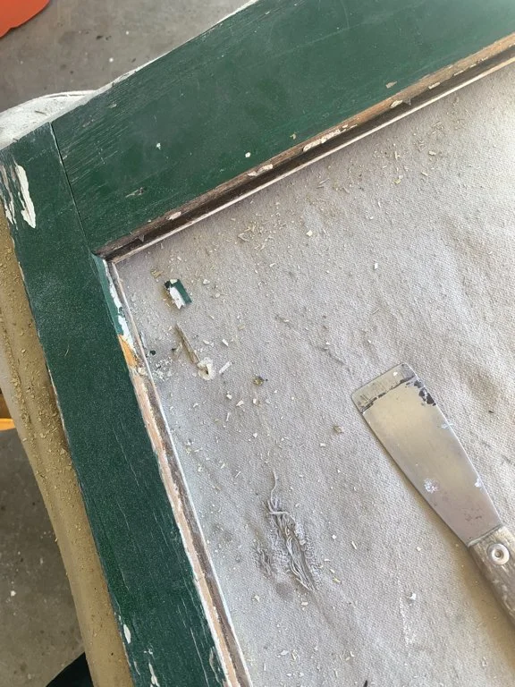 All effort is made to salvage the irreplaceable hand rolled sheet glass.  Then the glazing beds are sealed with an enamel primer, and the glass is reinstalled with new points, and a clean glazing bead.  