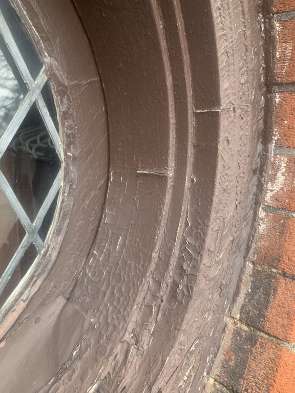 The round sections of the frame, sash, and trim are cut from larger pieces of lumber. This leaves the end grain of the wood exposed on the inside of the frame.  Deterioration like this is very common.