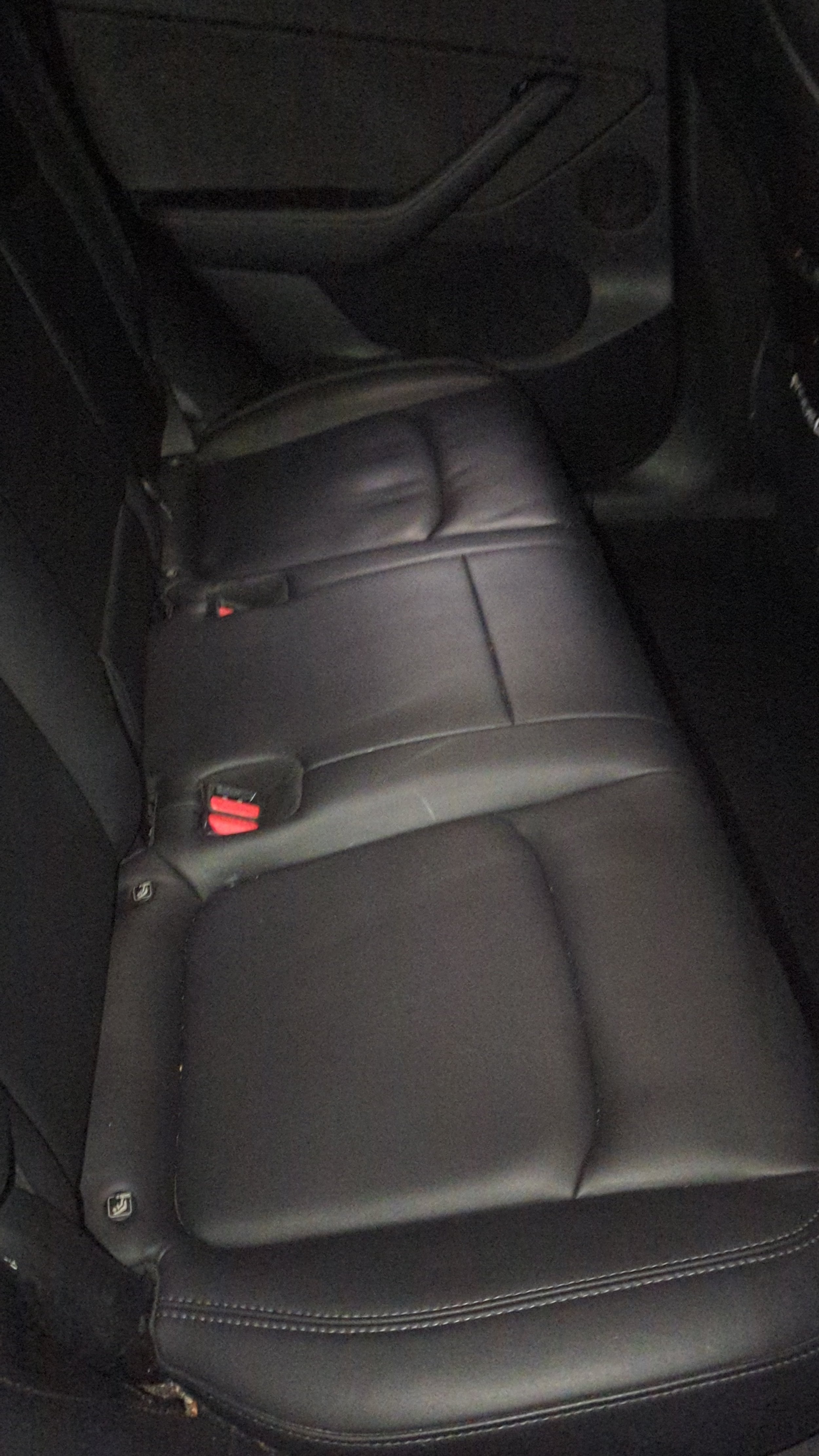 Back seat of a car with black leather upholstery.
