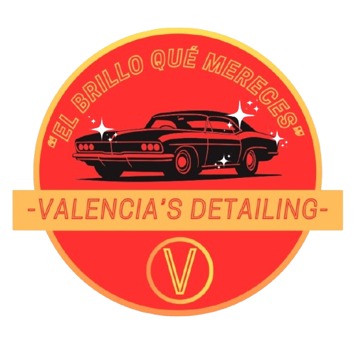 Logo with a vintage black car in the center, red and yellow circular background, Spanish text "El Brillo Qué Mereces" at the top, and yellow banner with red text "Valencia's Detailing" across the middle, with a yellow 'V' at the bottom.