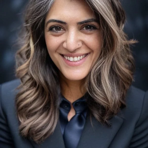 Black and white portrait of a woman with long, wavy hair, wearing large earrings and a nose stud, smiling slightly, against a dark background.