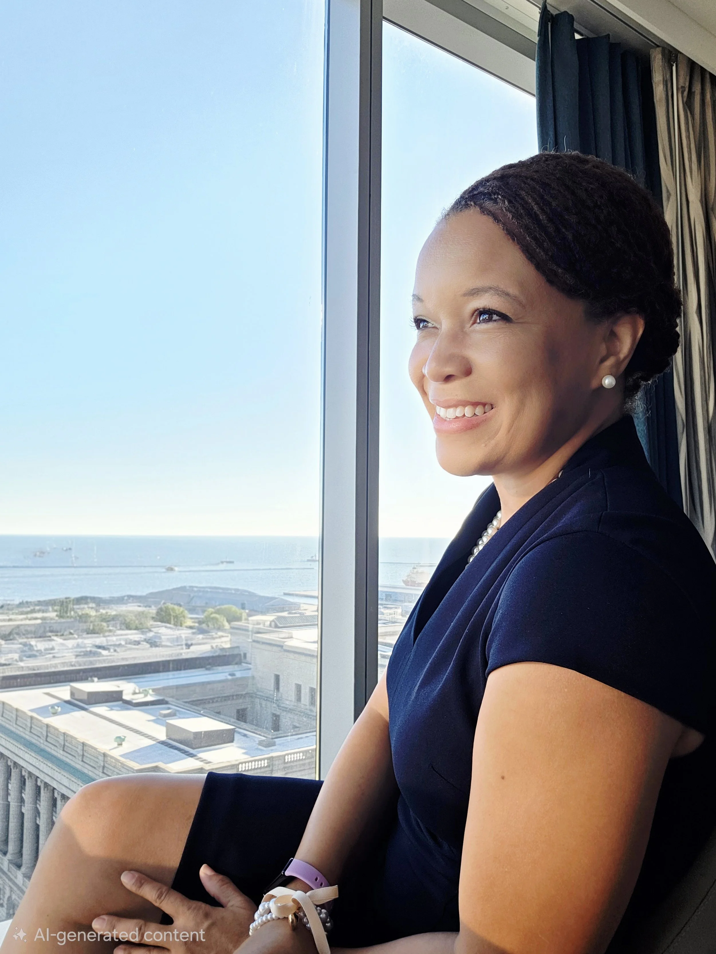 A woman sitting by a large window, smiling and looking outside. She is dressed in a navy blue outfit, wearing pearl earrings, and has short, styled hair. Outside the window, a cityscape with buildings and water is visible.