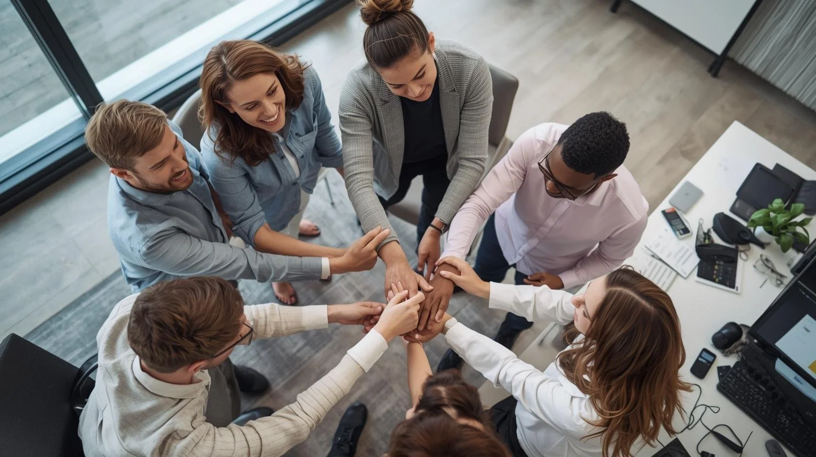 Group of diverse professionals in an office stacking their hands together in a team huddle.