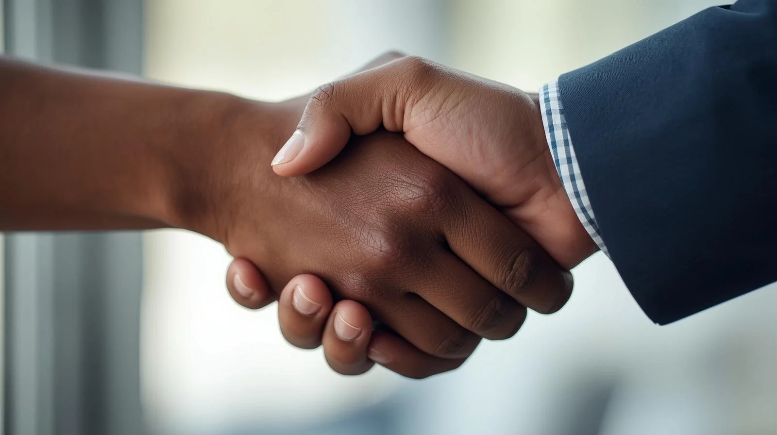 Close-up of two people shaking hands, with one person wearing a suit jacket with checked shirt cuffs.