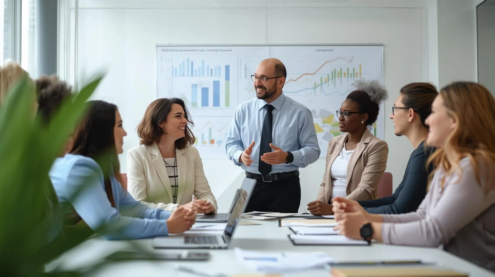 Business meeting in a conference room with a man presenting to a diverse group of women, with charts on the wall.