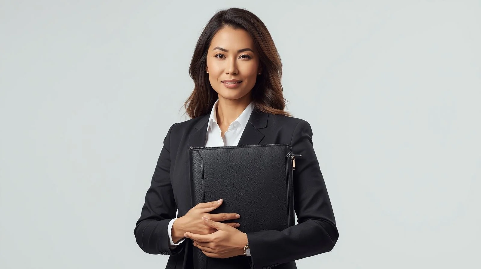 A professional woman with shoulder-length brown hair, wearing a black blazer over a white shirt, holding a black portfolio or briefcase against a light gray background.