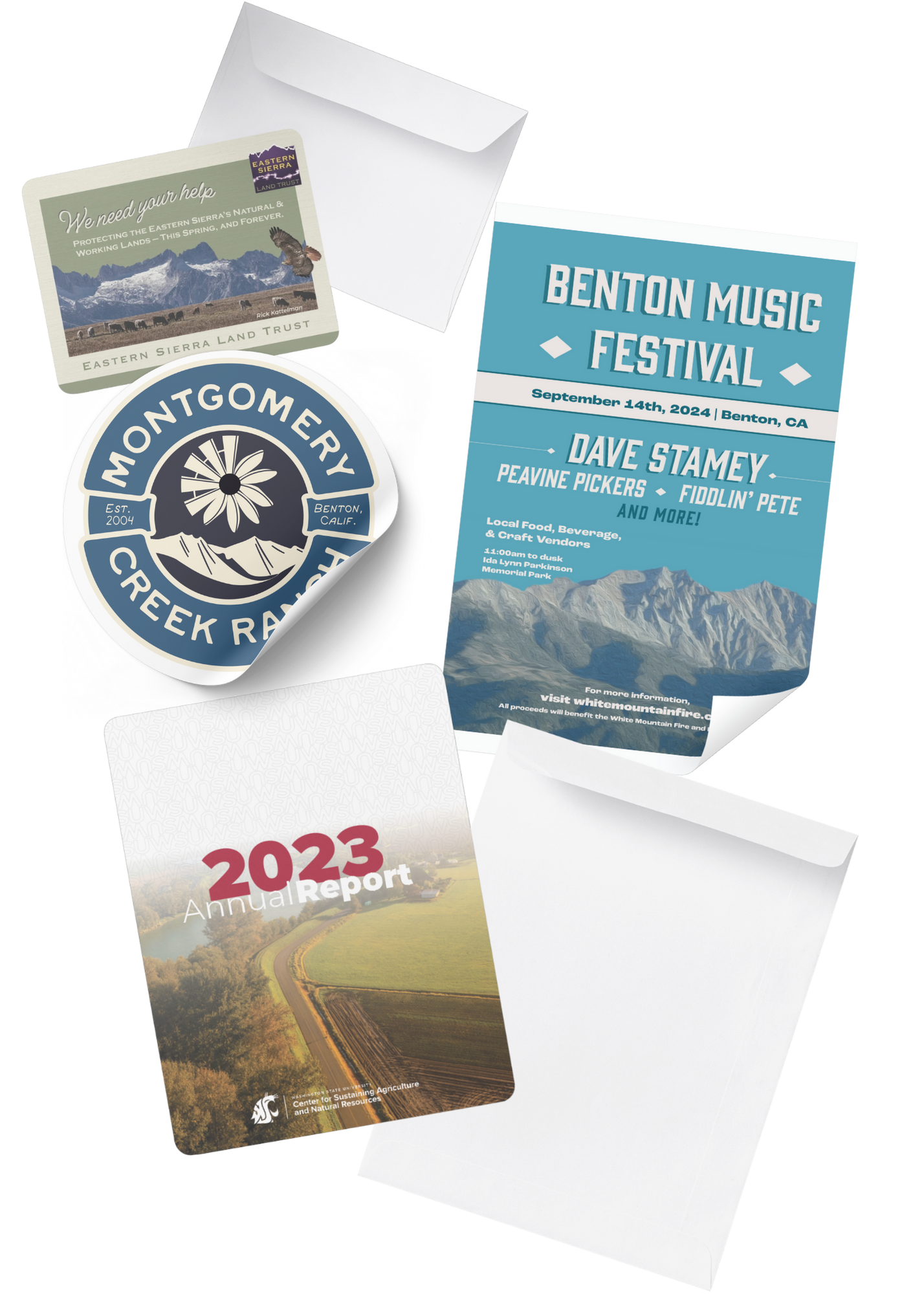 images of print marketing materials including Eastern Sierra Land Trust, Benton Music Festival, Montgomery Creek Ranch, and Center for Sustaining Agriculture and Natural Resources