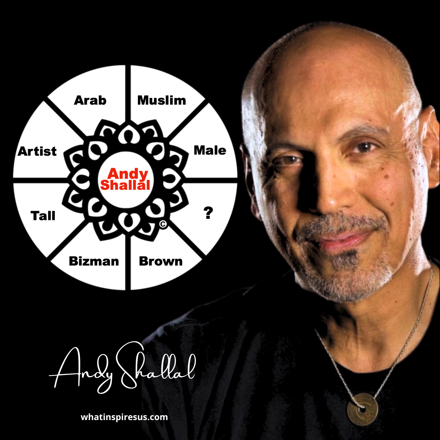 A portrait of Andy Shallal, smiling, with a black background. To the left, a circular diagram with labels including Arab, Muslim, Male, Artist, Tall, Bizman, Brown, and a question mark, with his name in red in the center.