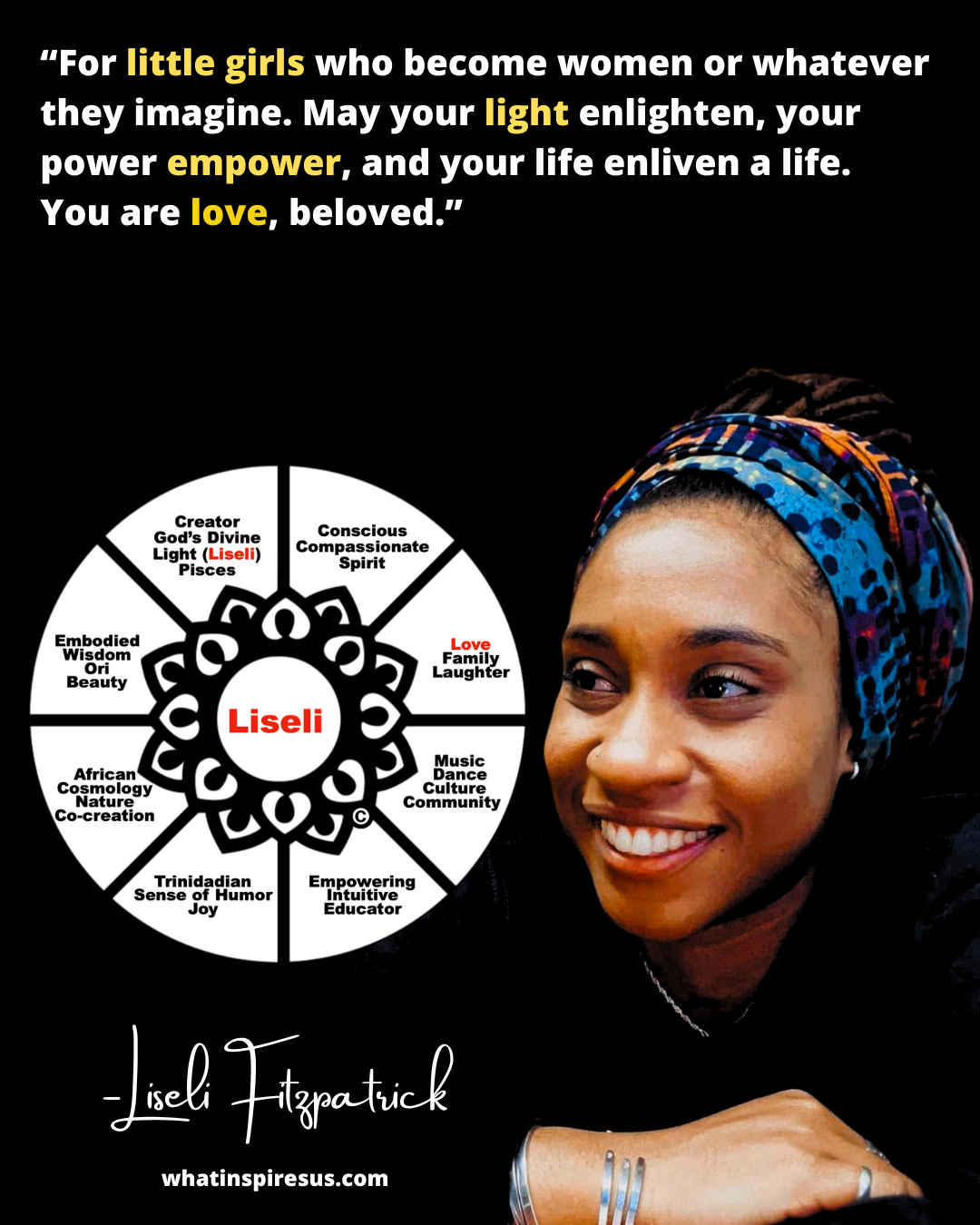 A smiling woman with a colorful headscarf, alongside a diagram of qualities associated with Liseli Fitzpatrick, including creator, spirit, love, wisdom, culture, empowerment, and family.