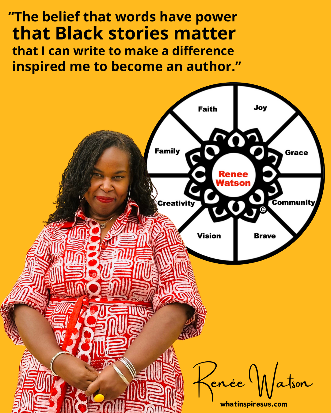 A woman with black, curly hair wearing a red and white patterned dress stands against a yellow background. To her right, a wheel diagram features words like faith, joy, grace, community, brave, vision, creativity, family, and religious symbolism surr