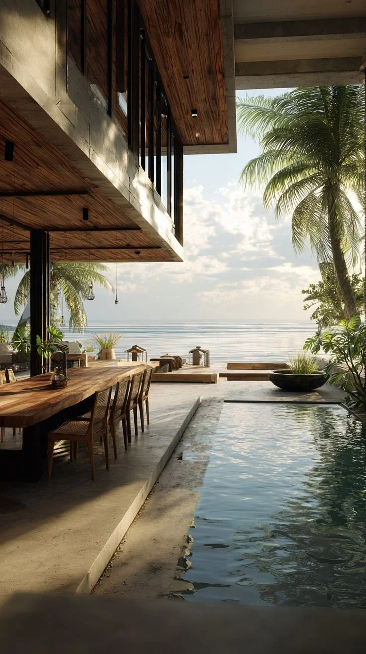 A modern outdoor patio area with wooden furniture, palm trees, and a view of the ocean, including a small pool or water feature.