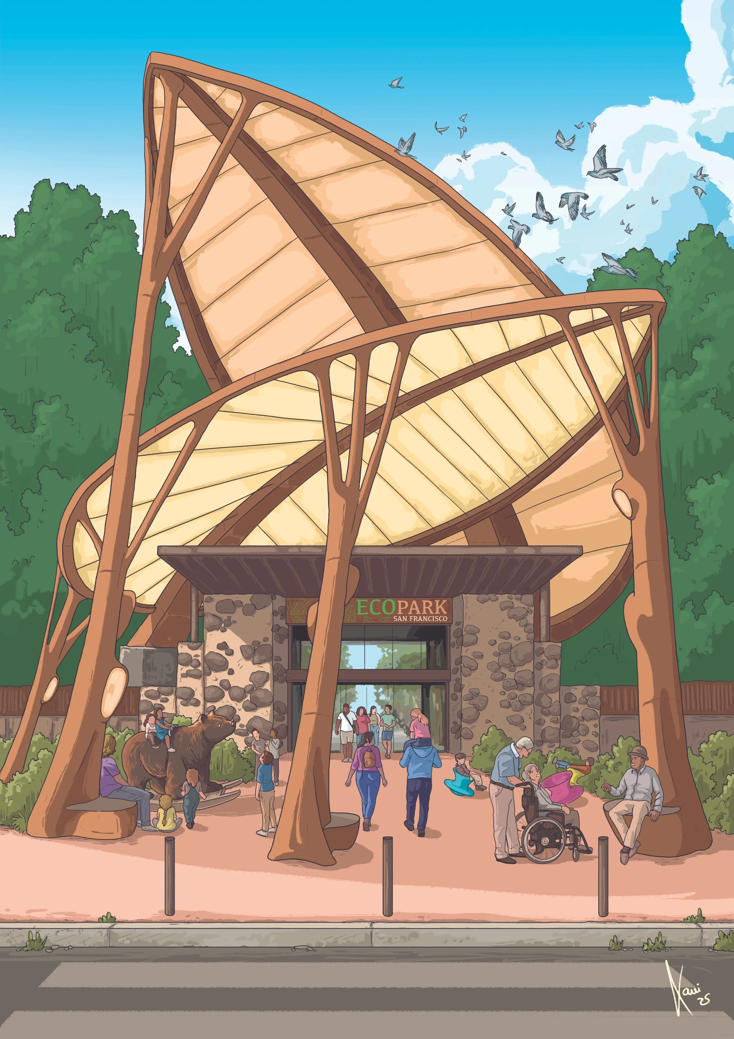 Illustration of the entrance to Eco Park in San Francisco with large, tree-like structures, people, children, and a bear statue outside.
