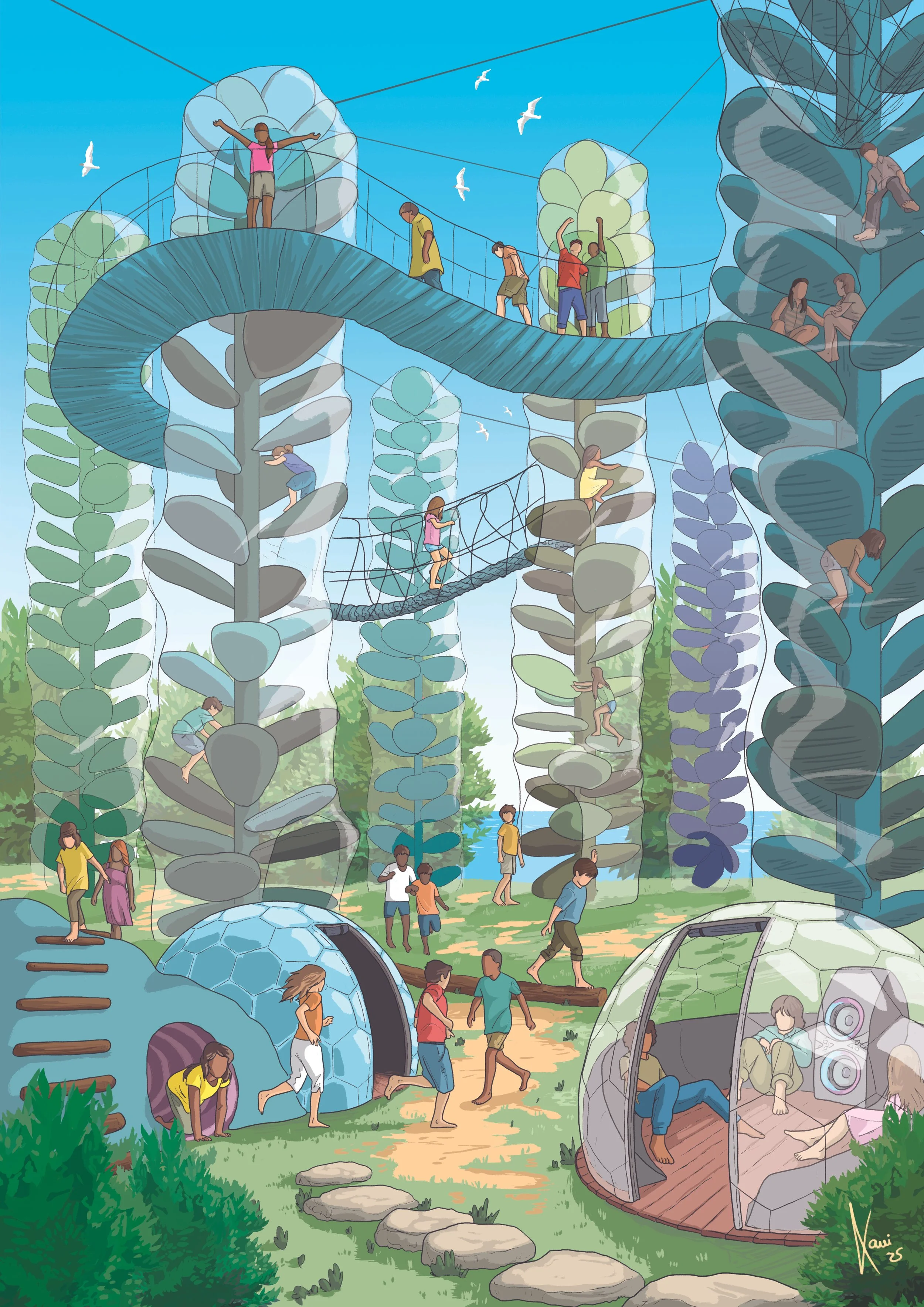 Illustration of a large outdoor playground with elevated rope bridges, climbing structures, and tall plant-like columns for climbing. Children are playing on the structures, climbing, and walking on the bridges. Some children are sitting and chatting on the upper levels. At the bottom, children are running and playing on the ground, with some entering a dome-shaped playhouse and others inside a transparent bubble-like play area. The background features trees, blue sky, and flying birds.
