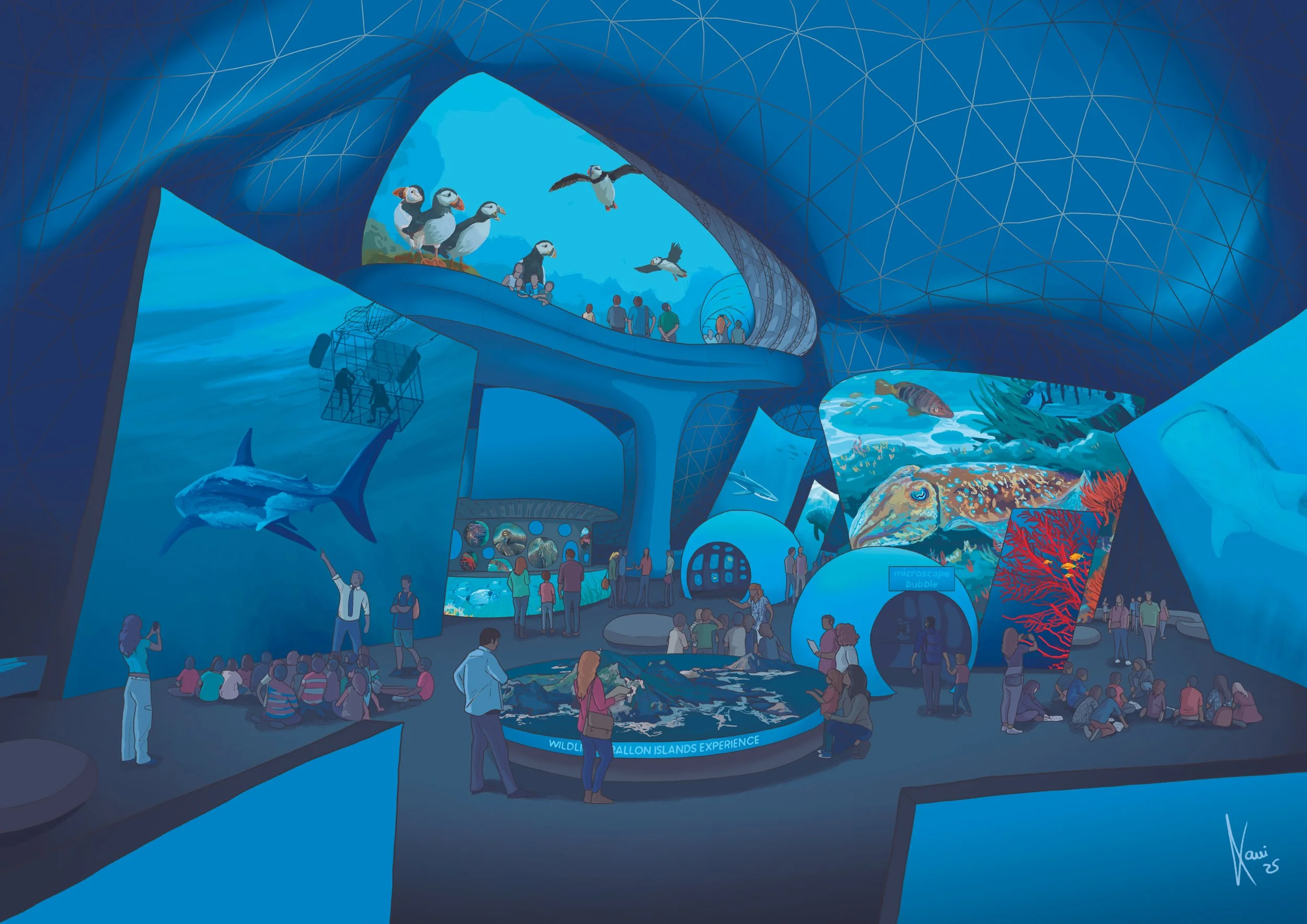 Interior view of an aquarium exhibit with various marine animals, including sharks, corals, and fish, and visitors observing and interacting with displays.
