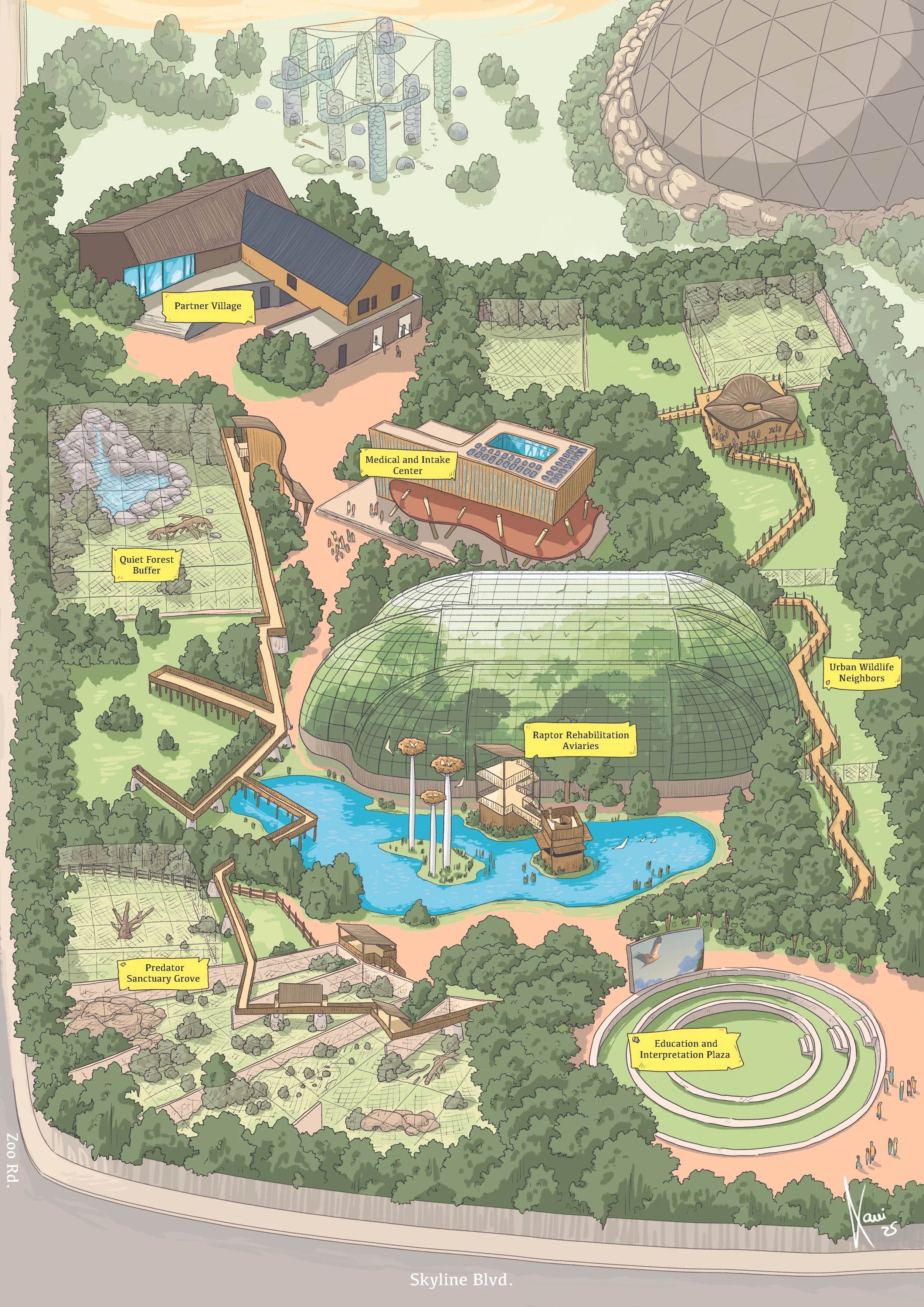 Illustrated map of a zoo with various sections labeled, including predator sanctuary grove, quiet forest buffer, partner village, medical and intake center, raptor rehabilitation aviaries, urban wildlife neighbors, and education and interpretation plaza, surrounded by trees and pathways.