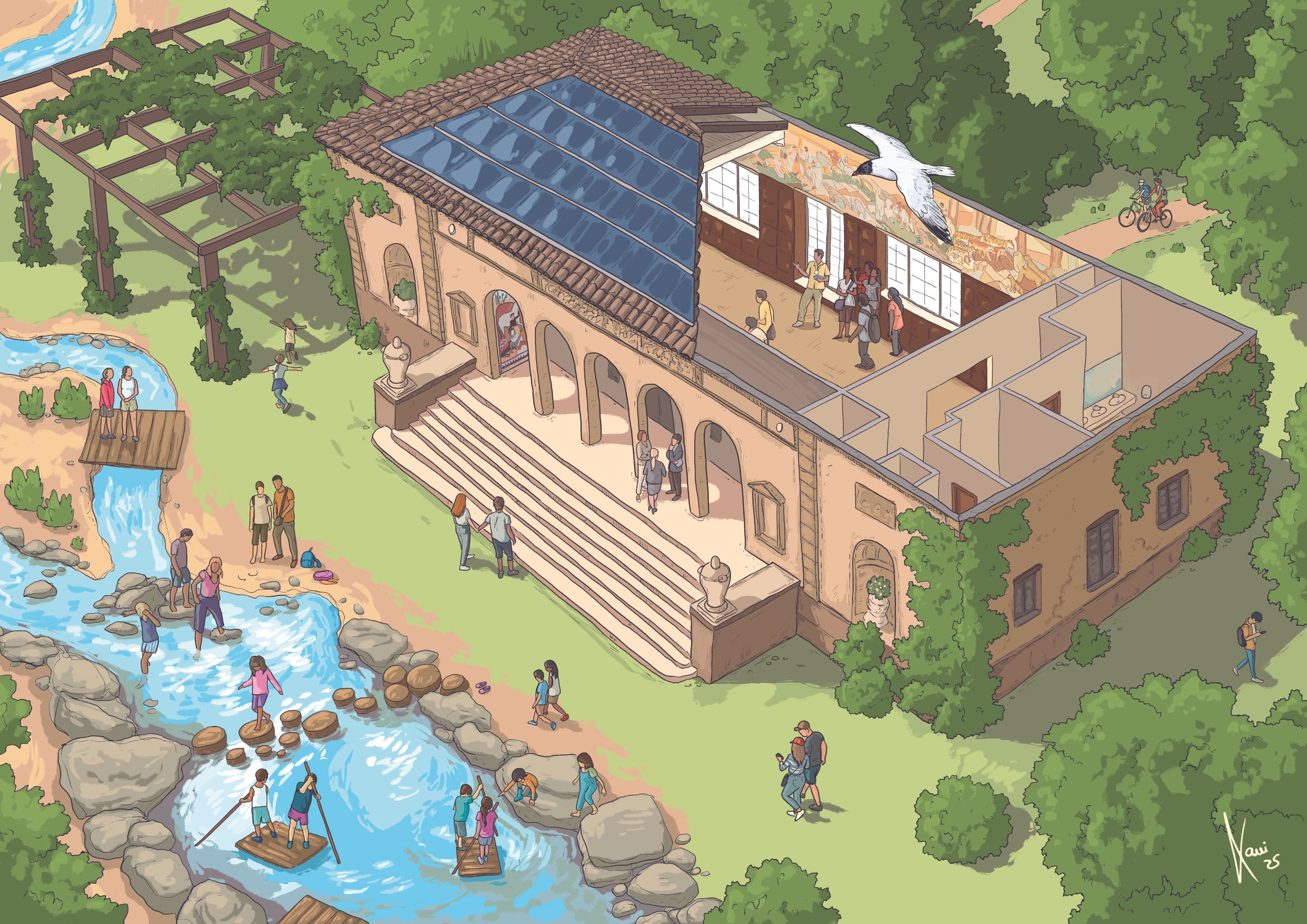 A scenic illustration of a zoo or wildlife park, featuring a building with outdoor and indoor sections, surrounded by green trees. The outdoor area has a river with children and adults playing, as well as a small pond and a maze of garden paths with people walking or riding bicycles. The indoor section shows visitors inside, with a large white bird flying above. The building has a staircase leading to the entrance, with people socializing on the steps.