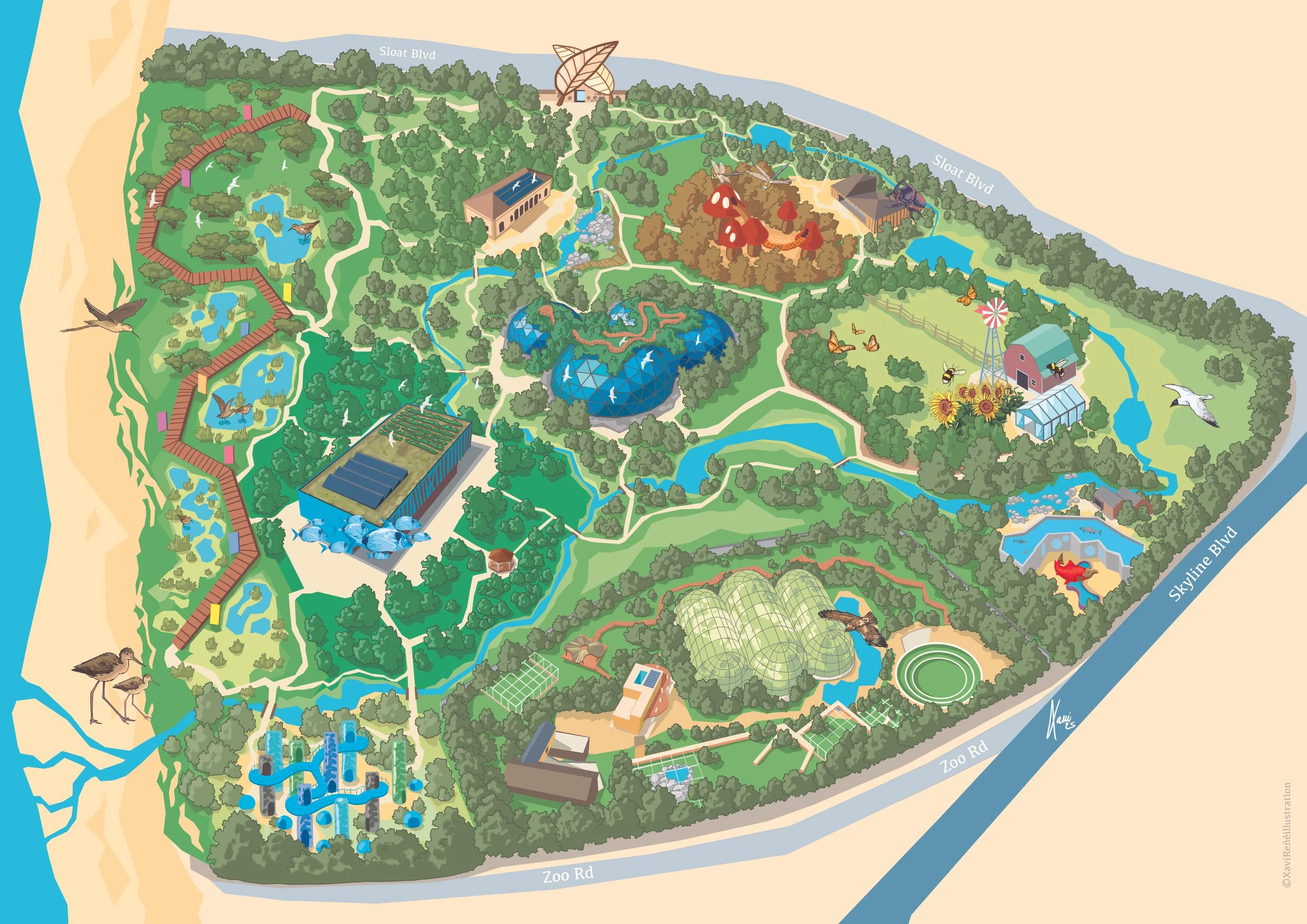 Illustrated map of a zoo featuring various animal exhibits like birds, aquatic life, mammals, and reptiles across labeled pathways and areas, with water bodies, green spaces, and buildings.