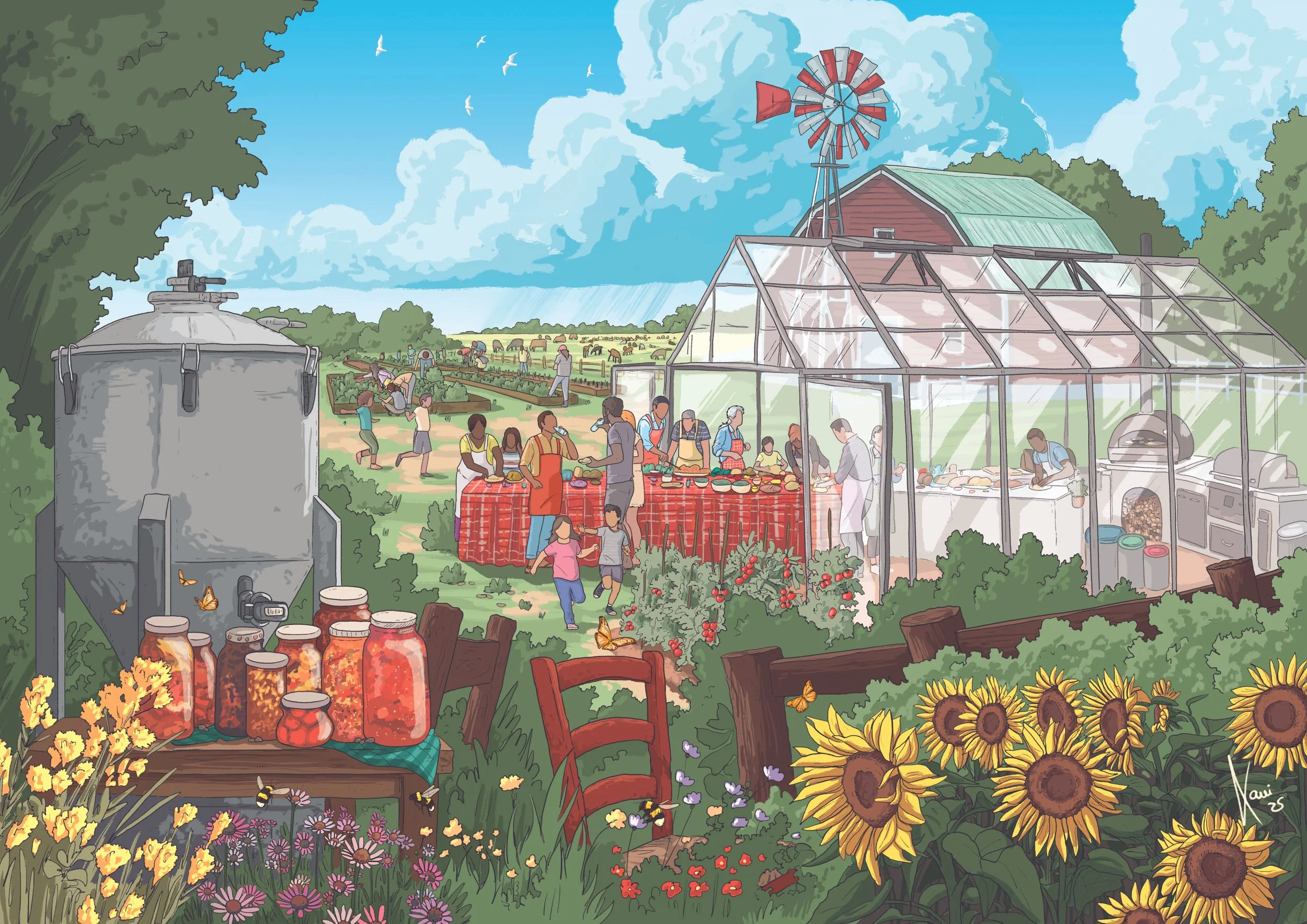 A lively farm scene with a greenhouse, a windmill, and a crowd of people gathered around a table with baked goods. In the background, there are fields with farmers working and children playing. There are flowers and sunflowers in the foreground, and jars of preserves on a small wooden table.