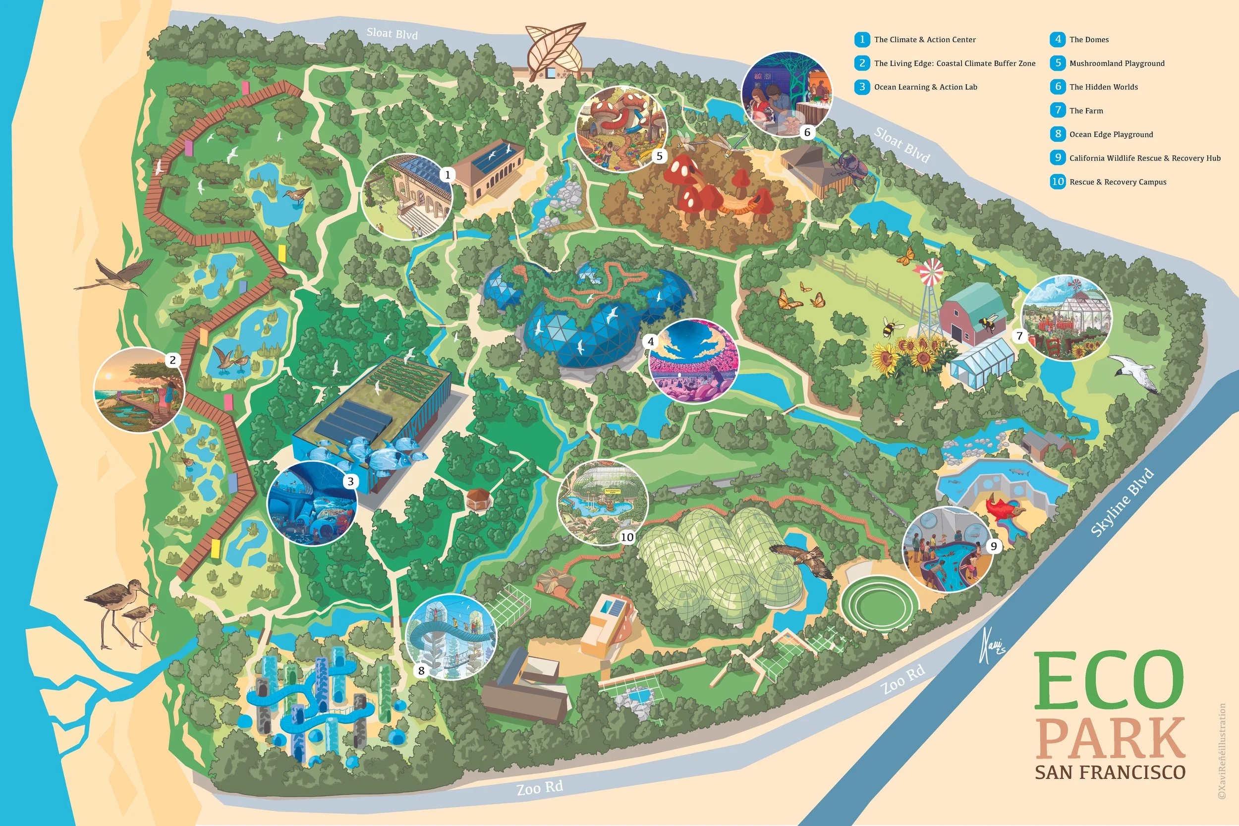 Map of Eco Park in San Francisco showing various attractions including the Climate & Action Center, The Living Edge Coastal Climate Buffer Zone, Ocean Learning & Action Lab, The Domes, Mushroomland Playground, The Hidden Worlds, The Farm, Ocean Edge Playground, California Wildlife Rescue & Recovery Hub, Rescue & Recovery Campus, and other outdoor attractions.