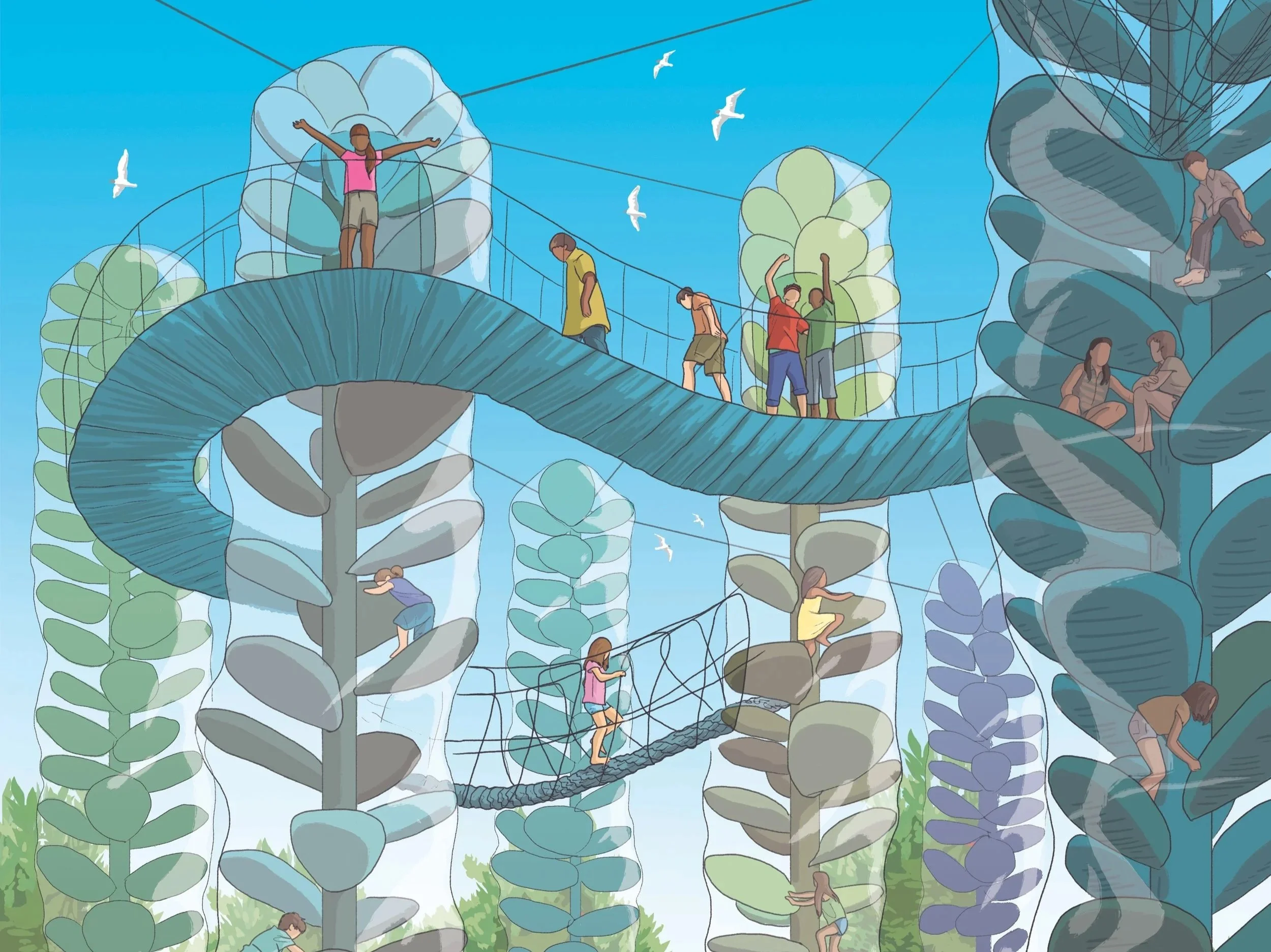 People walking, climbing, and sitting on a large, elevated treehouse structure with slides, bridges, and platforms surrounded by trees and birds in a nature setting.