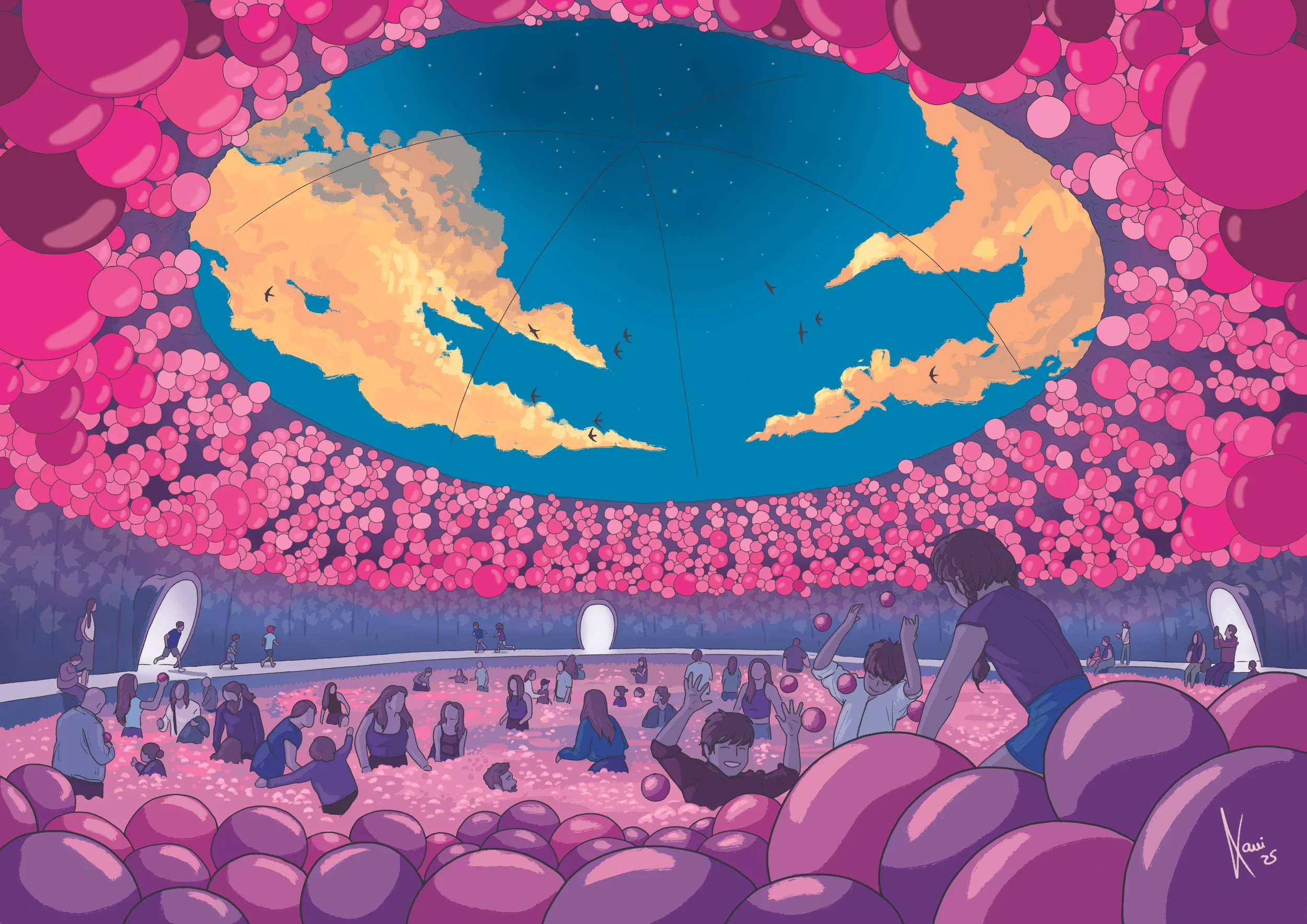 An indoor scene with a large group of people sitting and playing in a pink ball pit. The ceiling is painted with a sky and clouds, surrounded by pink and purple bubbles. People are relaxing, chatting, and engaging with the balls, with children and adults enjoying the vibrant atmosphere.