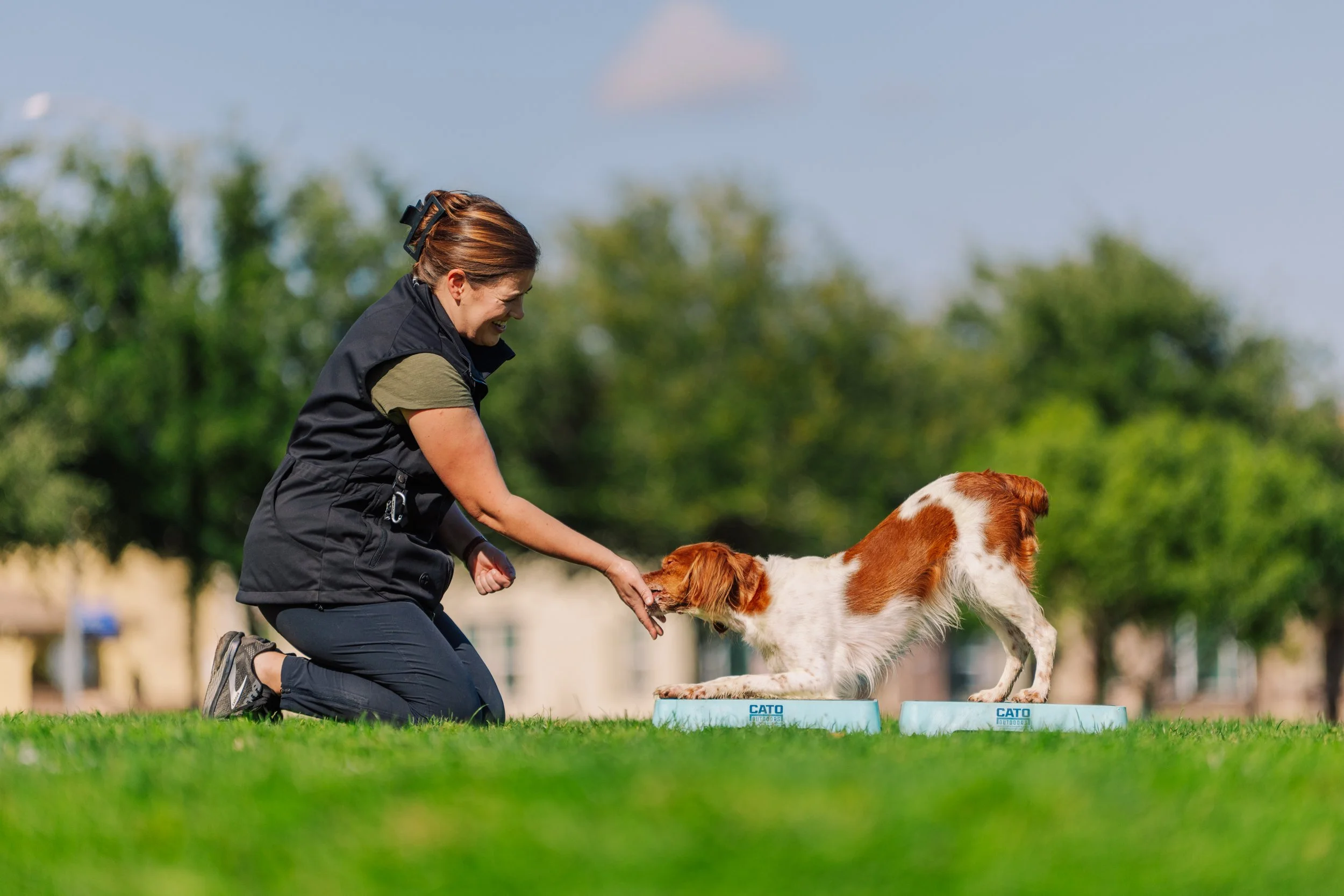 A woman kneeling and smiling while playing with her dog during outdoor training, both on training platforms outdoors with trees in the background.