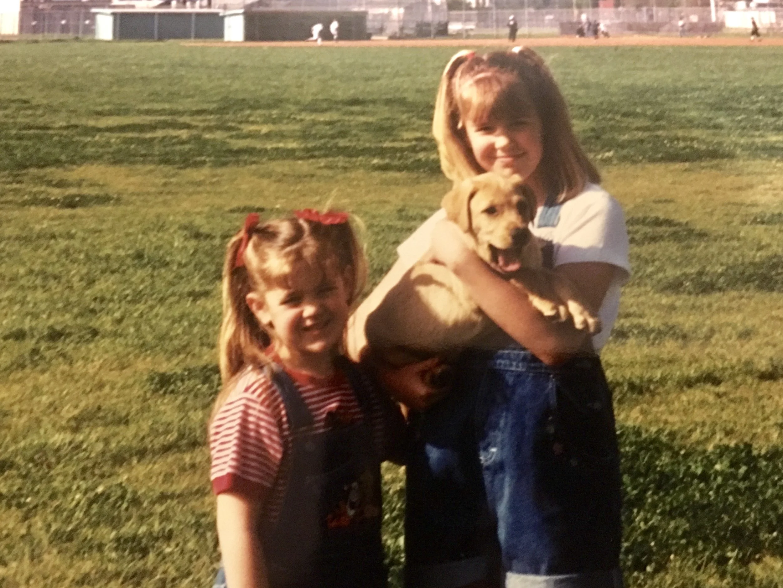 A young girl and a teenage girl, both with light brown hair, are hugging each other on a grassy field during late afternoon or early evening. The teenage girl is holding a yellow Labrador retriever puppy, and the girl is wearing a red and white striped shirt. In the background, there is a baseball field with a chain-link fence and a few people walking or standing.