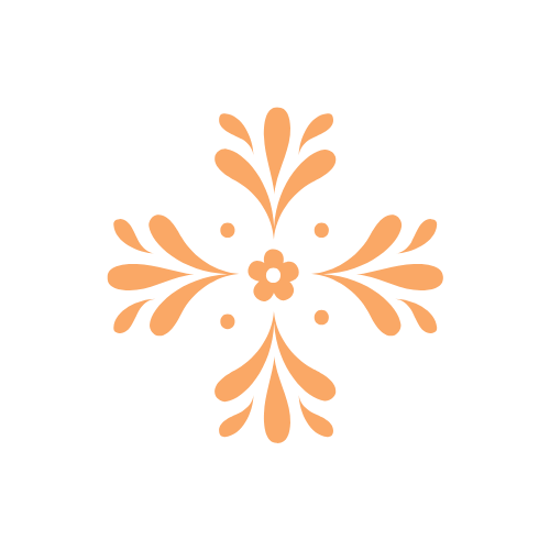 Decorative floral pattern with a central flower surrounded by symmetrical leaf-like shapes in peach color on a black background.