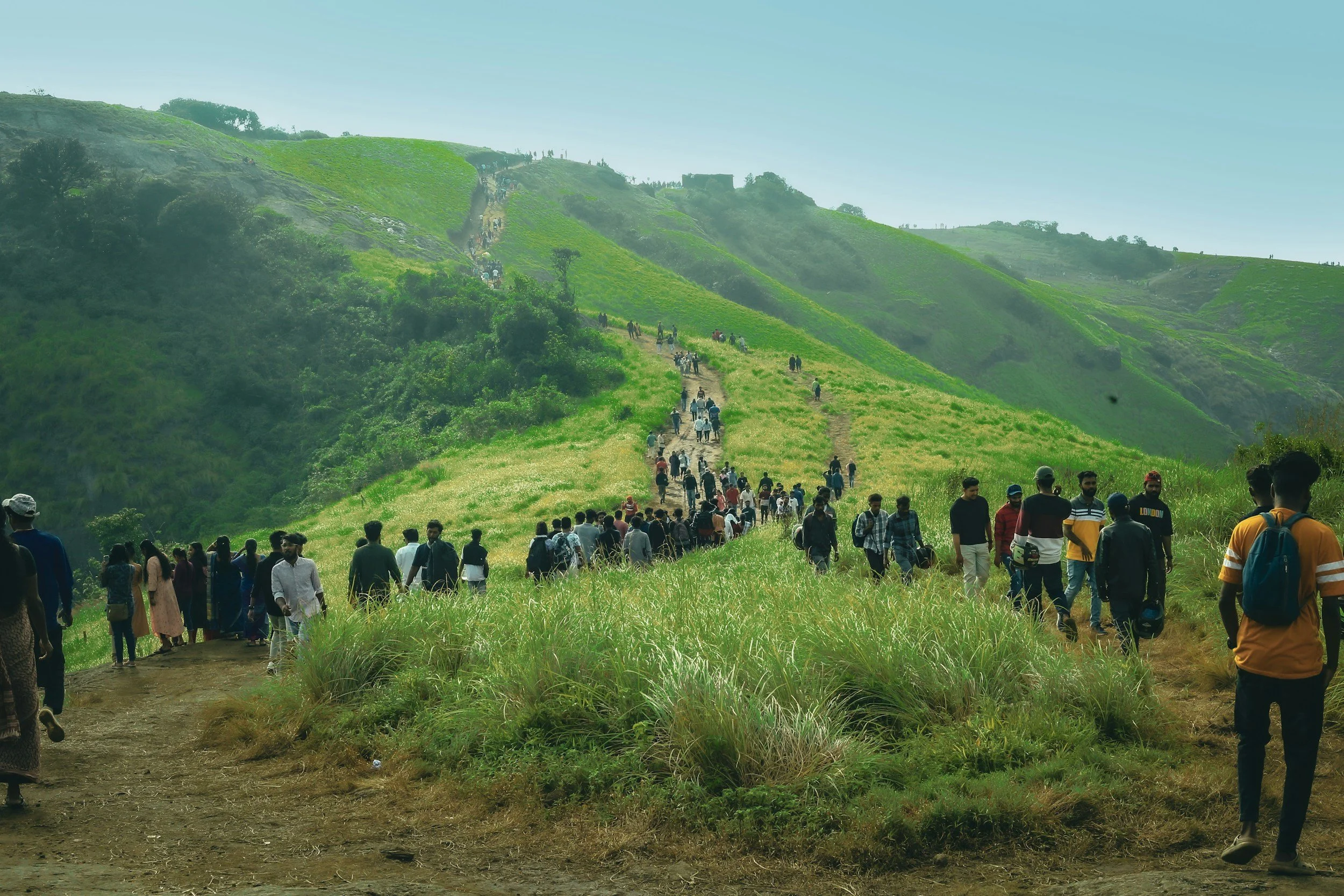 Many people walking up a green hillside trail on a cloudy day, surrounded by lush grass and trees.