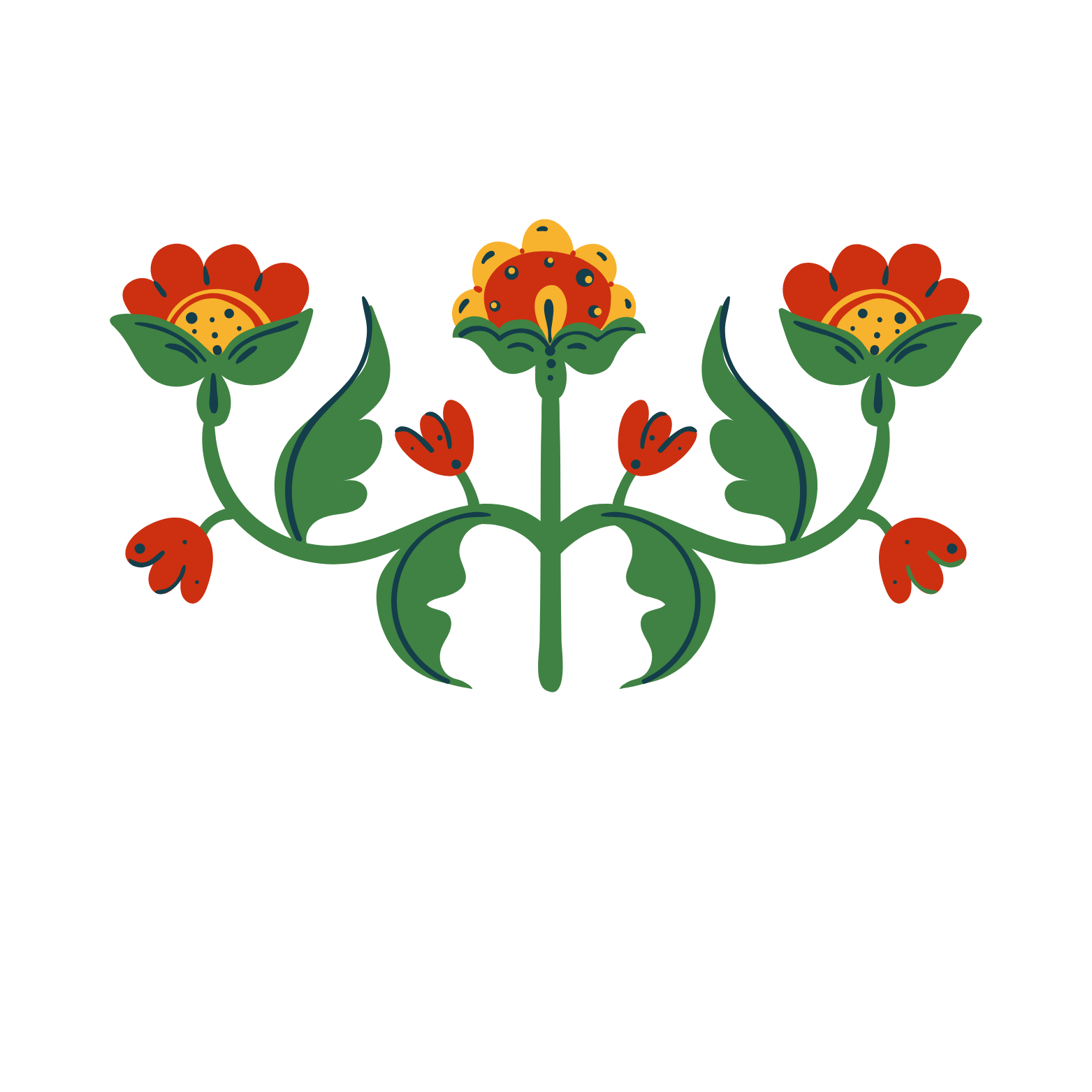 Folk art floral design with red, yellow, and green colors on a black background.