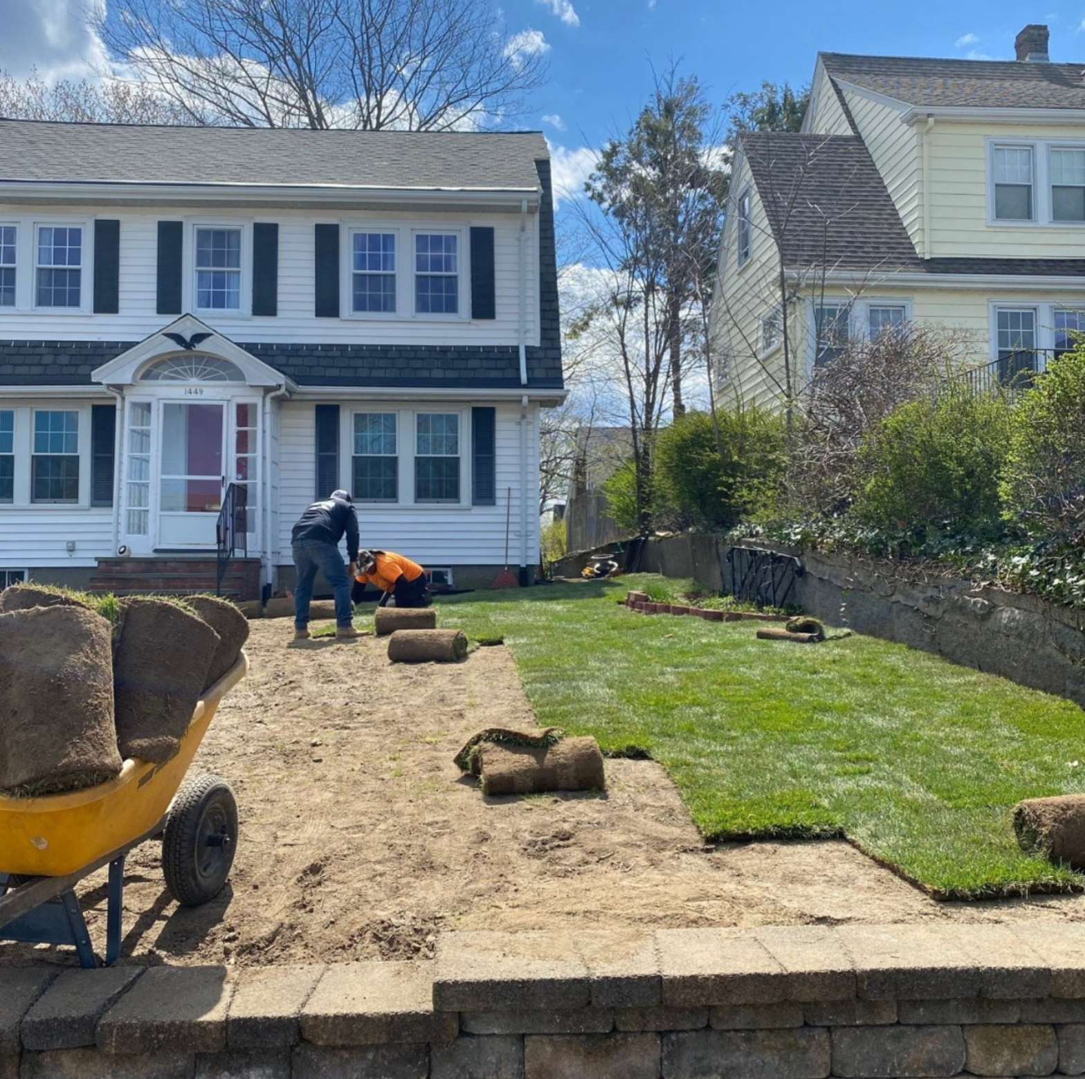 Two people installing sod in front yard of a house, with rolled sod and a wheelbarrow filled with grass rolls, and a clear blue sky with a few clouds.