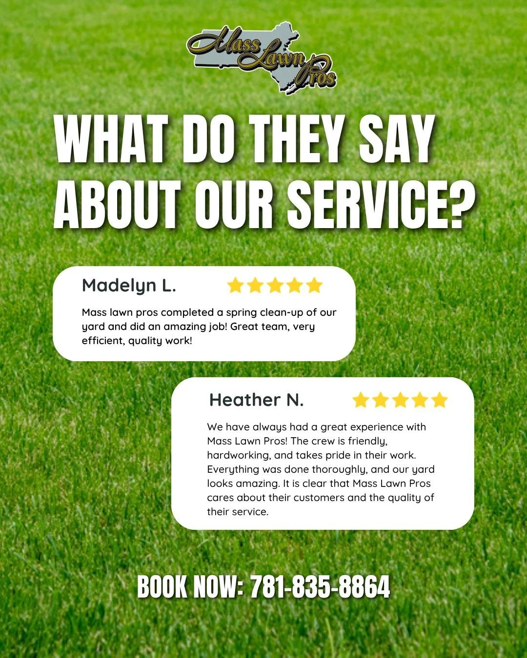 Don't just take our word for it 🌱

We take pride in delivering quality work, reliable service, and results our customers love

Call 781-835-8864 or visit masslawnpros.com to book

#lawncare #landscaping #southshorema #customerreviews #yardgoals